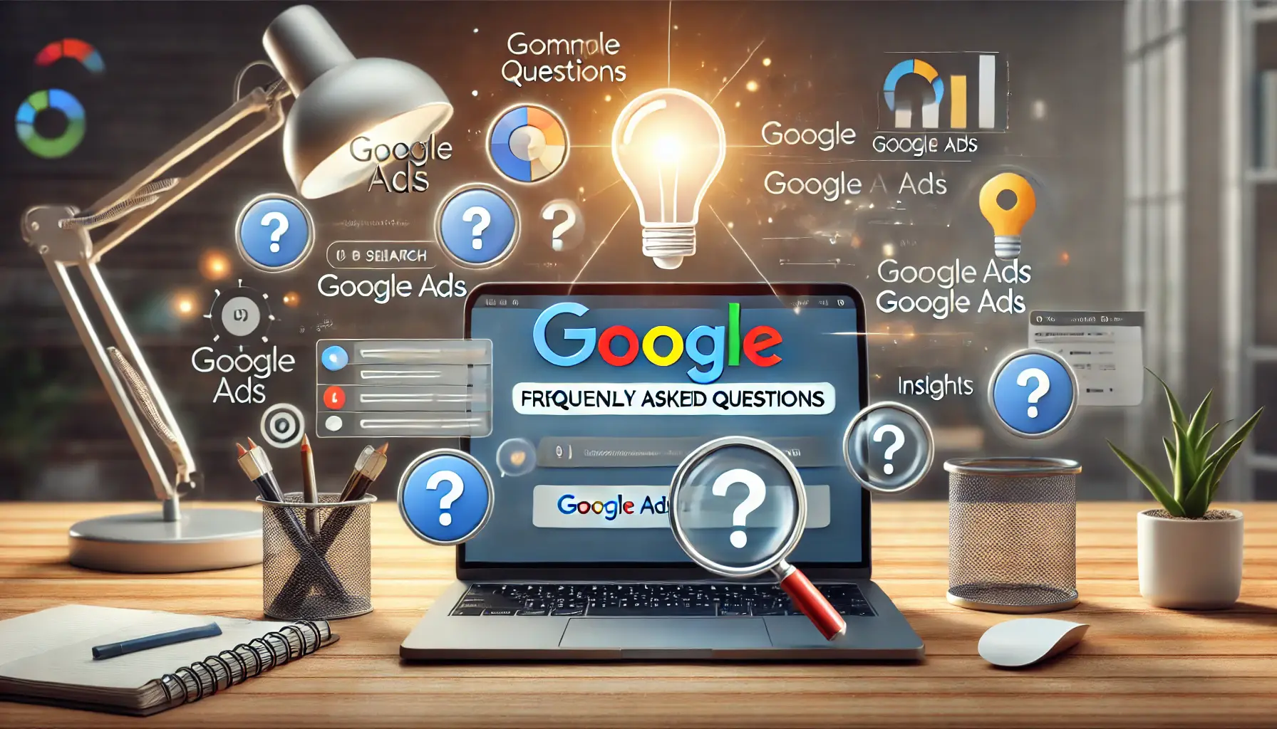 A digital workspace with a laptop displaying a Google Ads dashboard, surrounded by icons representing common questions like a question mark, magnifying glass, and lightbulb.