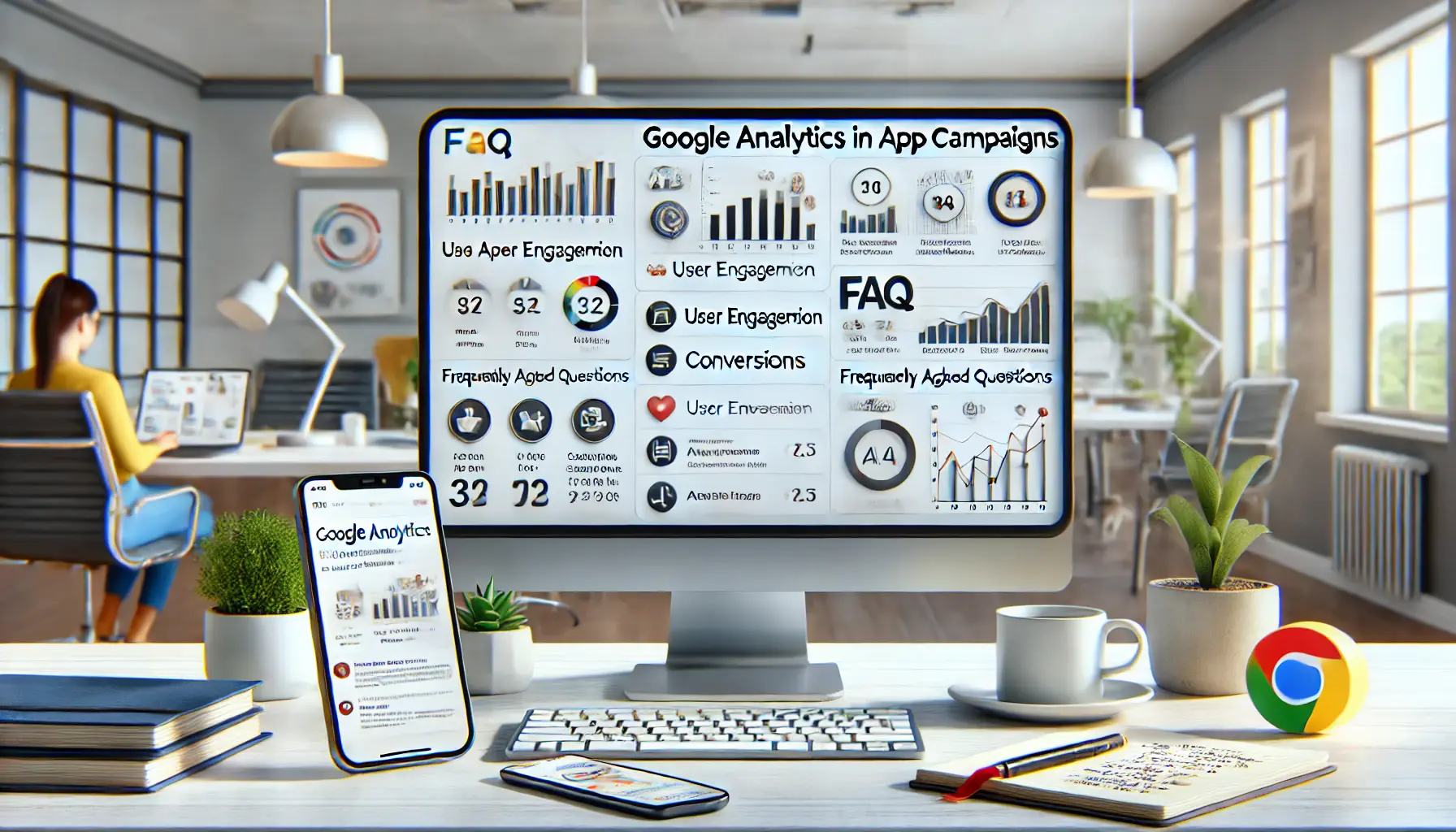 A workspace with a computer displaying app campaign performance metrics, emphasizing frequently asked questions in Google Analytics.