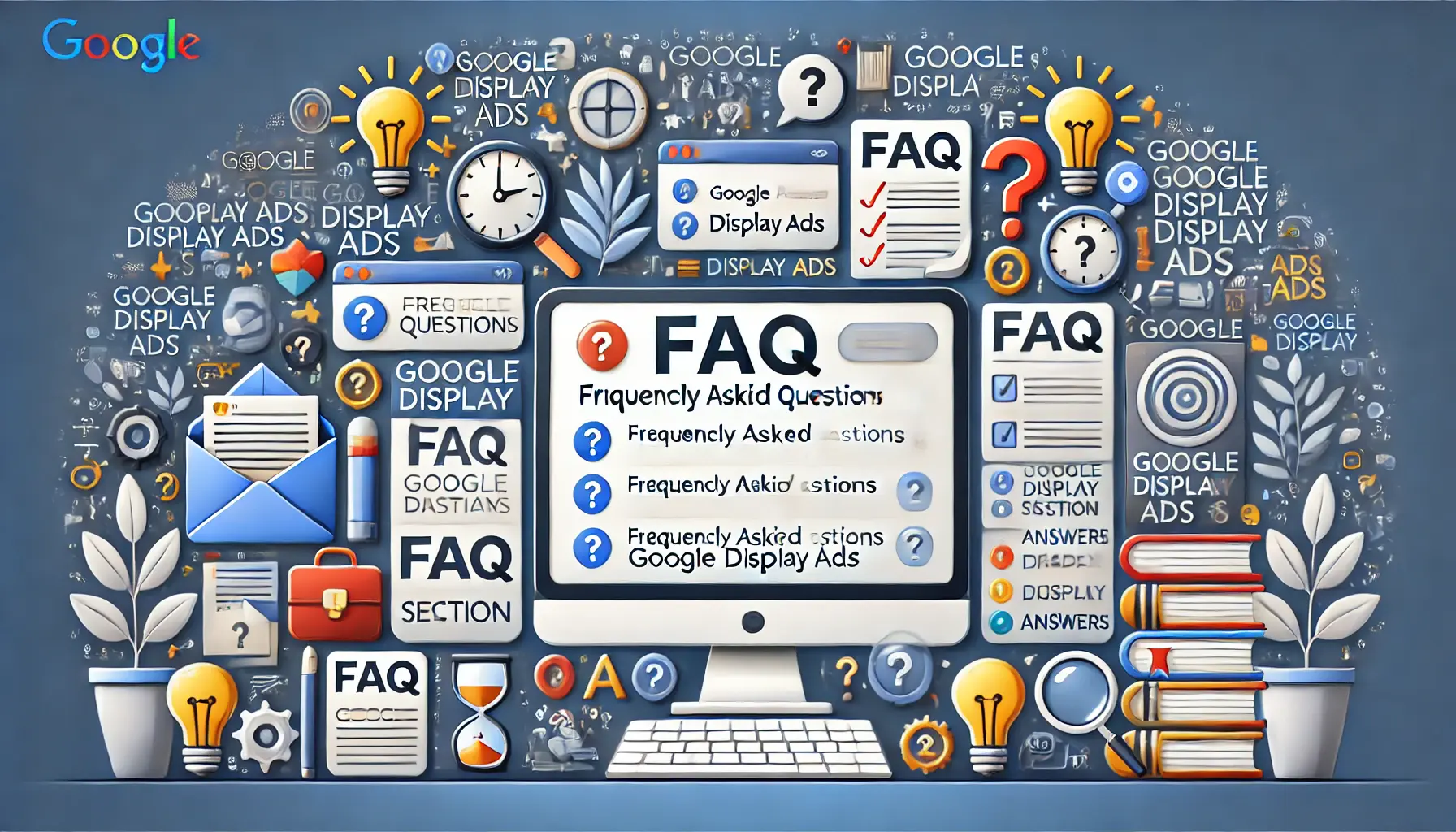 A professional workspace with a computer displaying a FAQ section about Google Display Ads, surrounded by icons like question marks, search bars, and light bulbs.