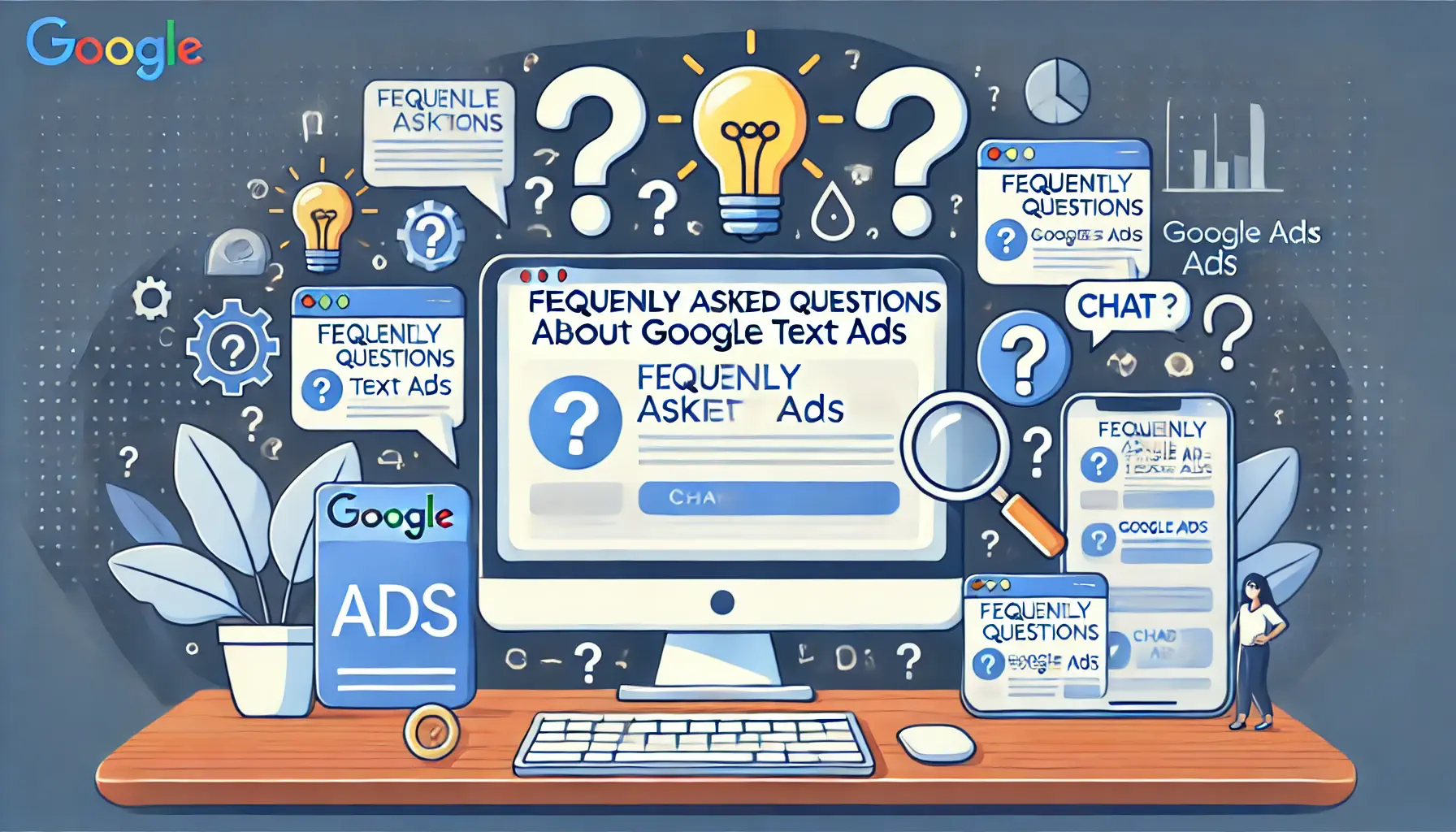 A computer screen displaying a Google Ads campaign with question mark icons surrounding it, with symbols of inquiry like a magnifying glass, chat bubbles, and light bulbs.