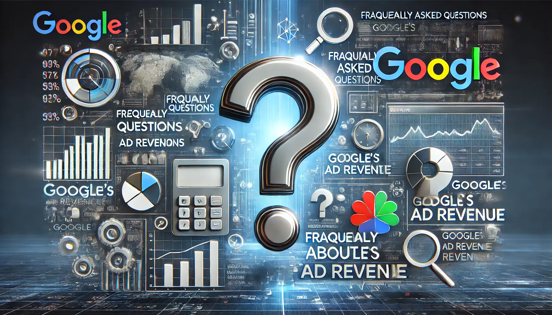 A professional representation of frequently asked questions about Google's ad revenue, featuring digital analysis and inquiry symbols.