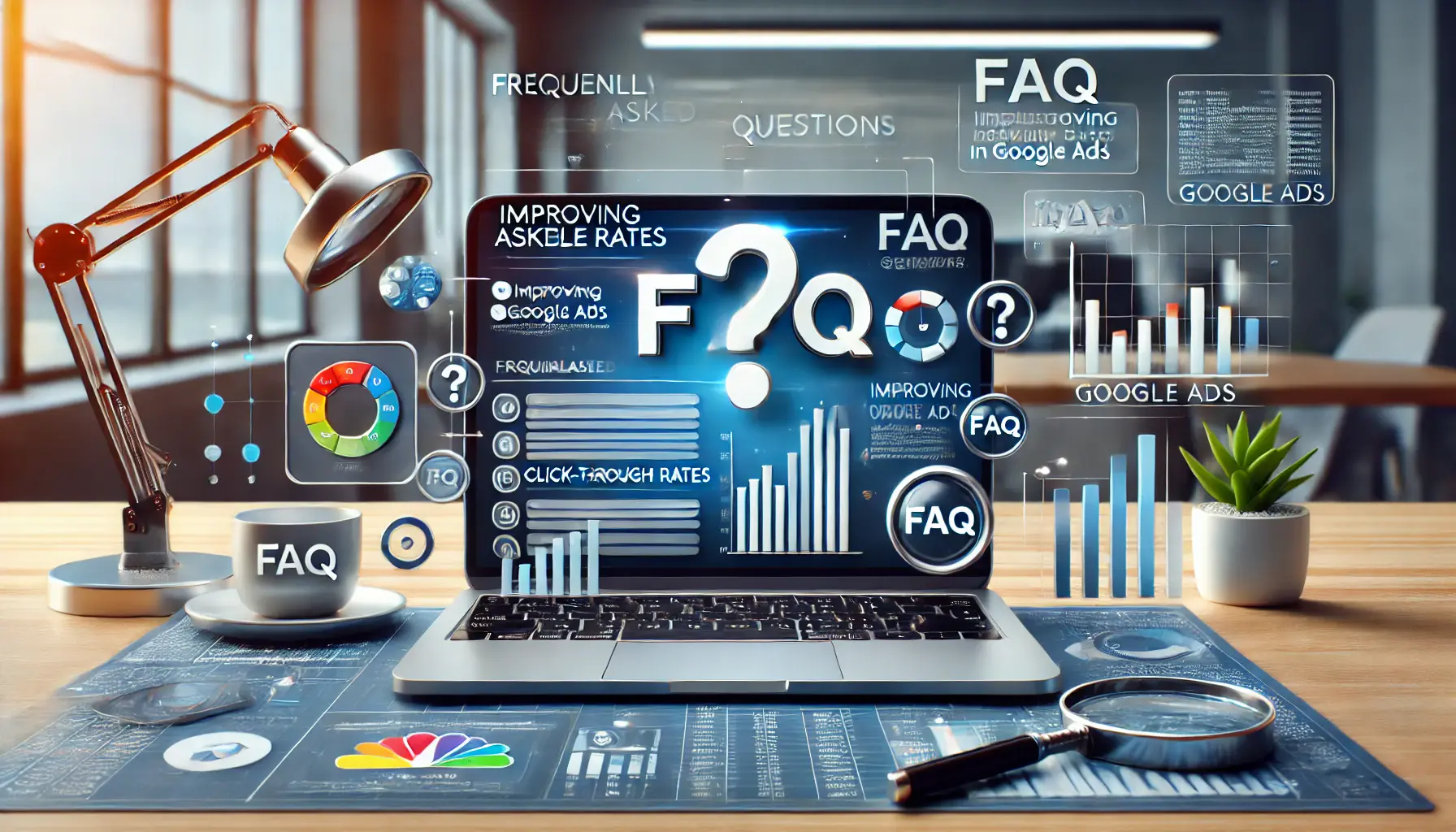 A realistic image of a laptop displaying a digital marketing platform with graphs, metrics, and FAQ section symbols like question marks.