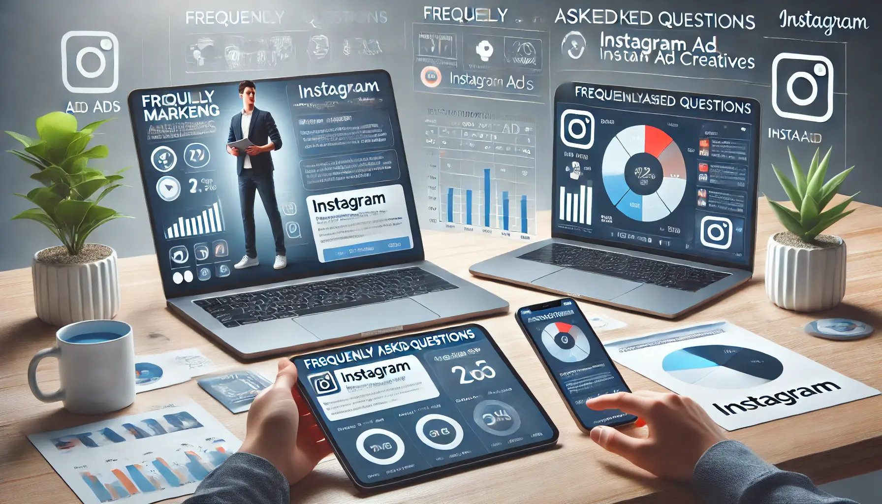 A digital marketer reviewing Instagram ad performance metrics on a laptop, with charts and analytics displayed on nearby devices in a modern workspace.