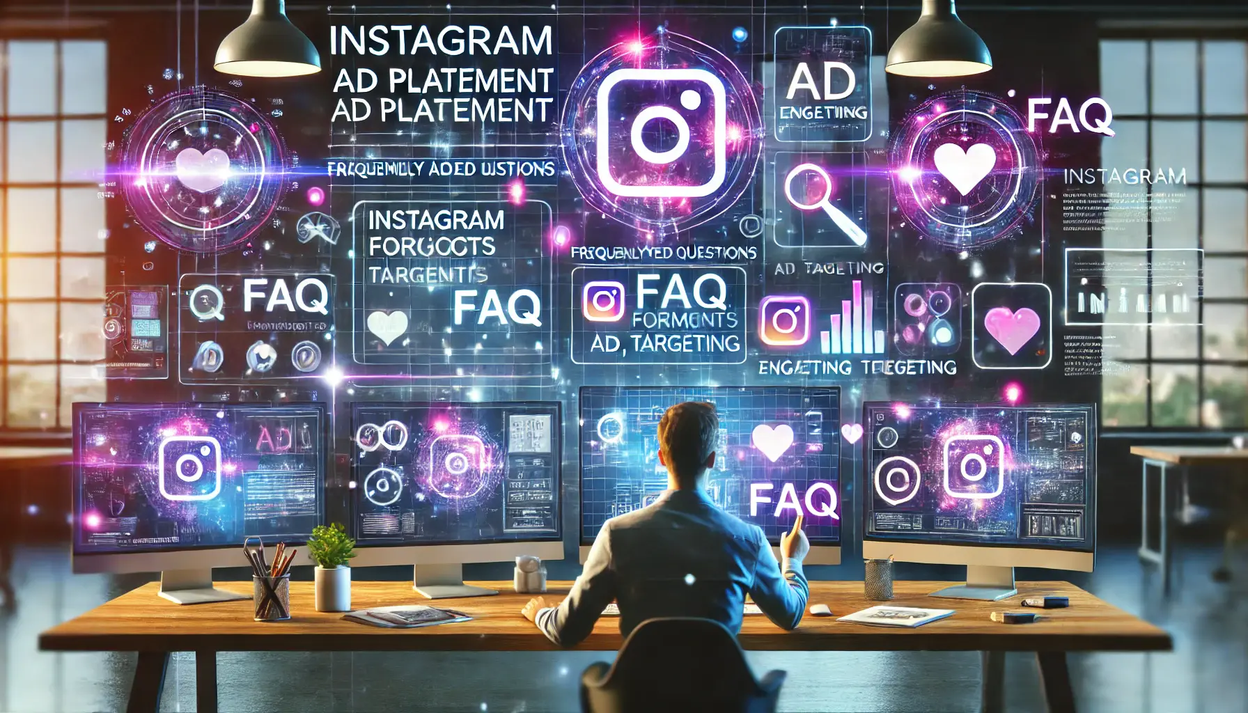 A marketing professional reviewing multiple monitors displaying frequently asked questions about Instagram ad placement, with floating holographic-style visuals representing ad performance and engagement.