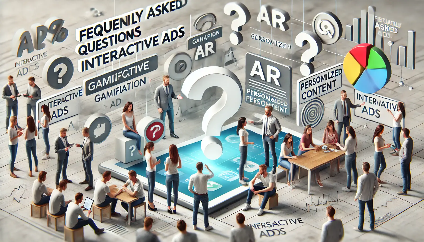 An illustration showing a group of digital marketers engaged in a discussion about interactive ads, with visual elements like question marks and digital devices in the background.