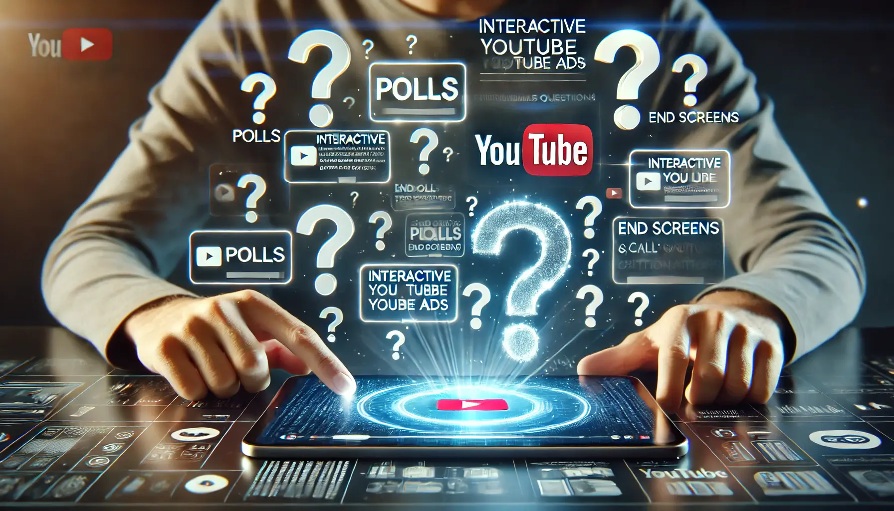 A user interacting with a YouTube ad interface surrounded by floating question marks, symbolizing frequently asked questions about interactive features.