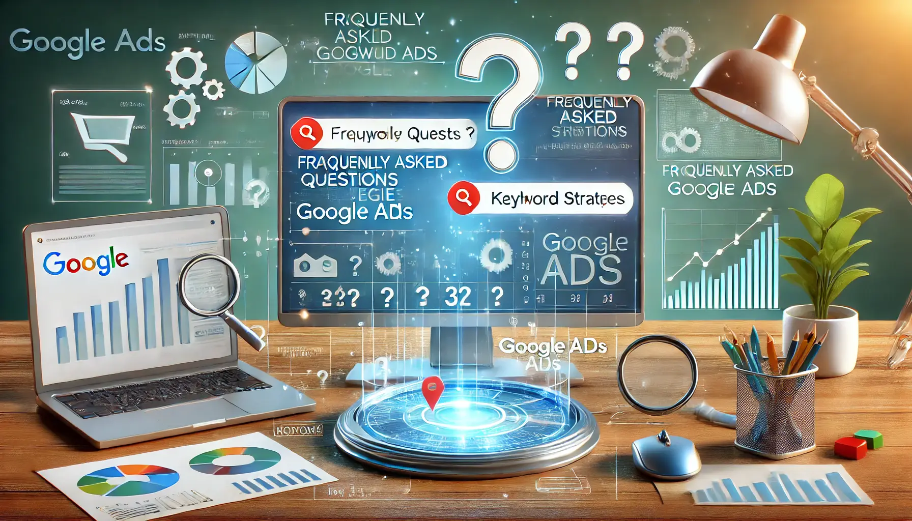 A digital marketing workspace with search results, question marks, and data elements symbolizing keyword strategy queries.