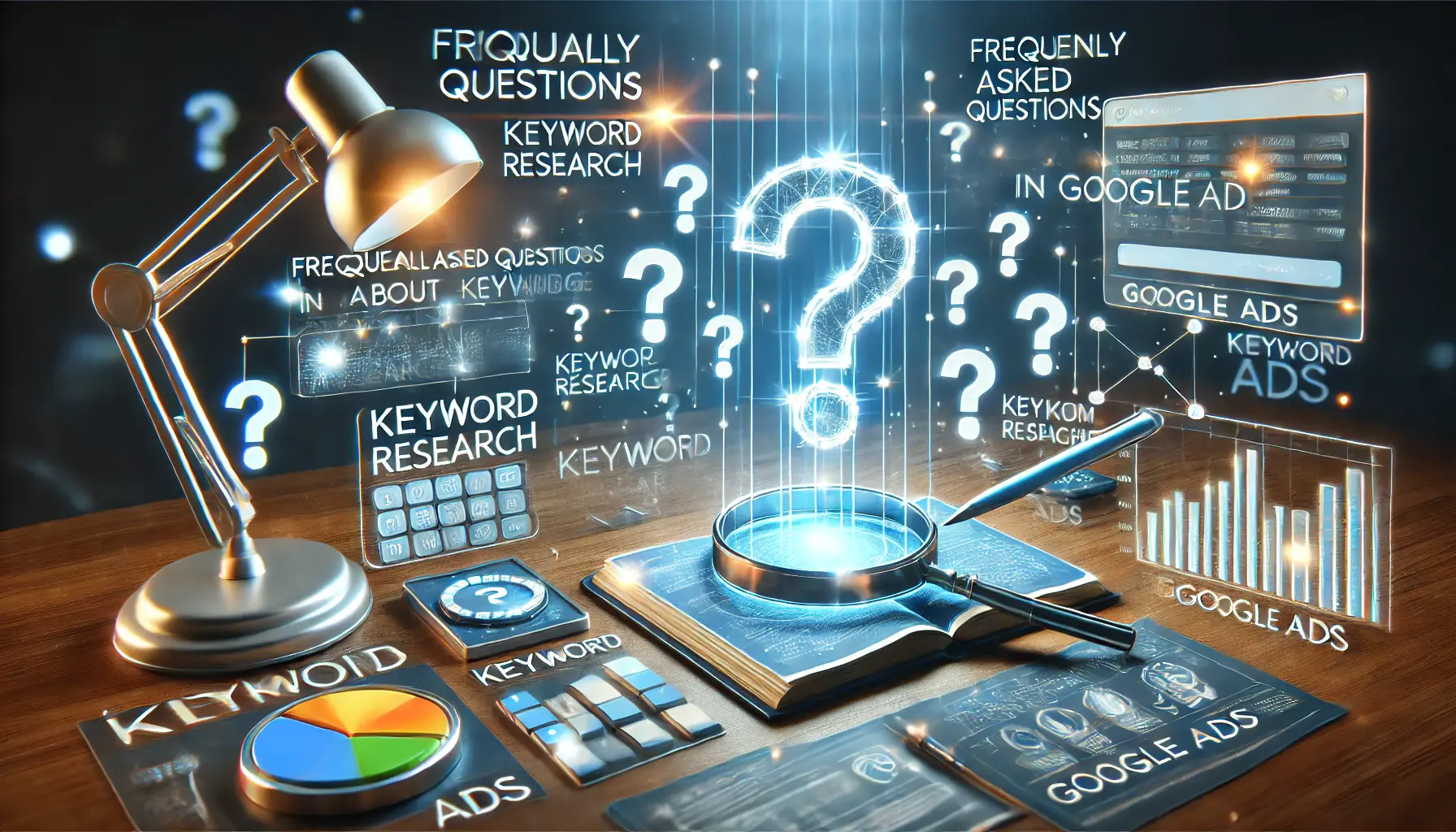 Illustration of a digital workspace with glowing question mark icons, keyword tools, and performance dashboards representing FAQs on keywords usage.