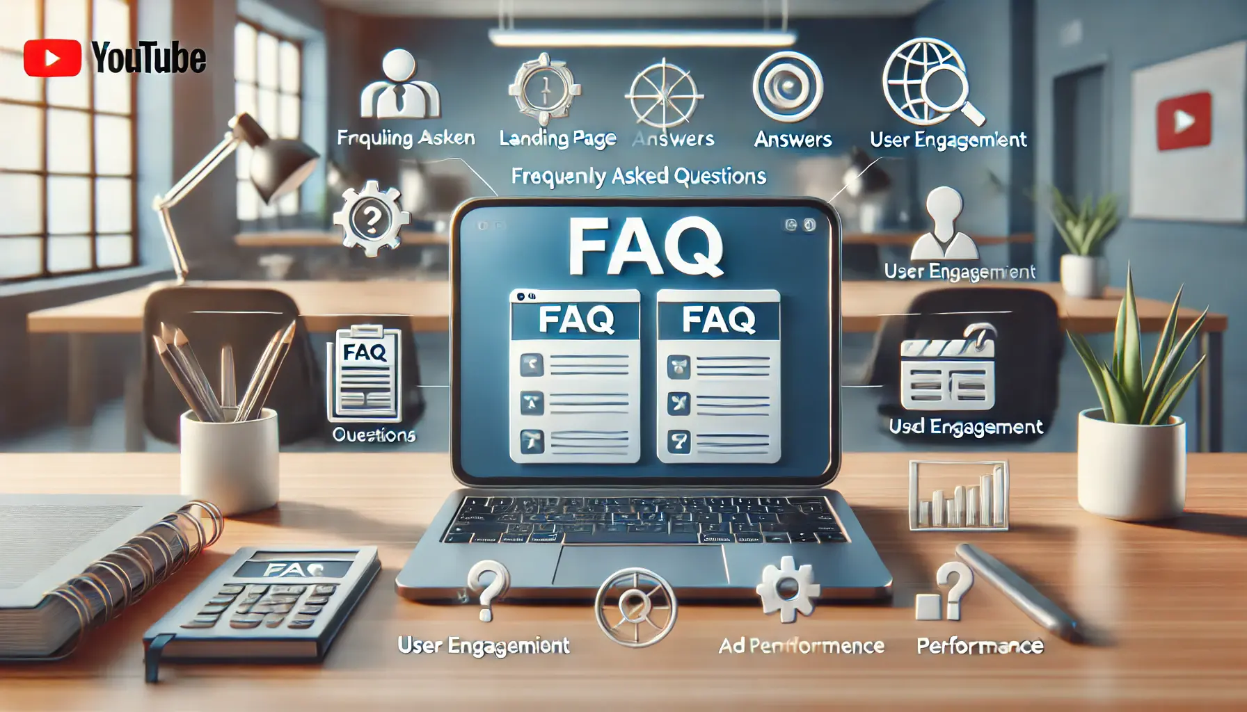 A laptop displaying a landing page with an organized FAQ section, surrounded by icons symbolizing questions, answers, and user engagement.