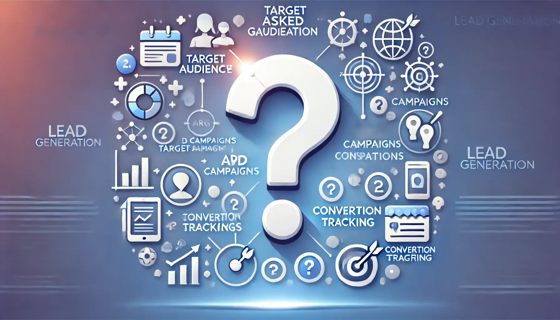 An image showing a question mark surrounded by icons representing key aspects of lead generation in app advertising.