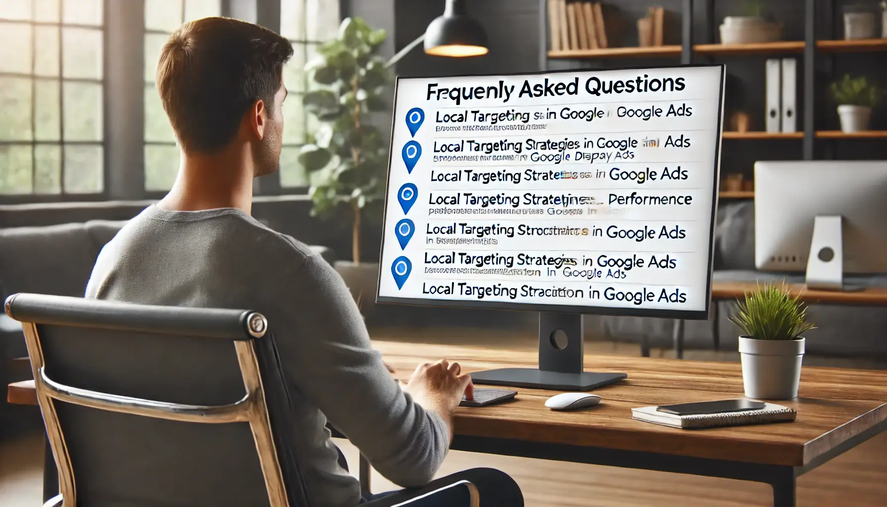 A digital marketer reviewing frequently asked questions about local targeting strategies in Google Display Ads, with the computer screen showing related topics.