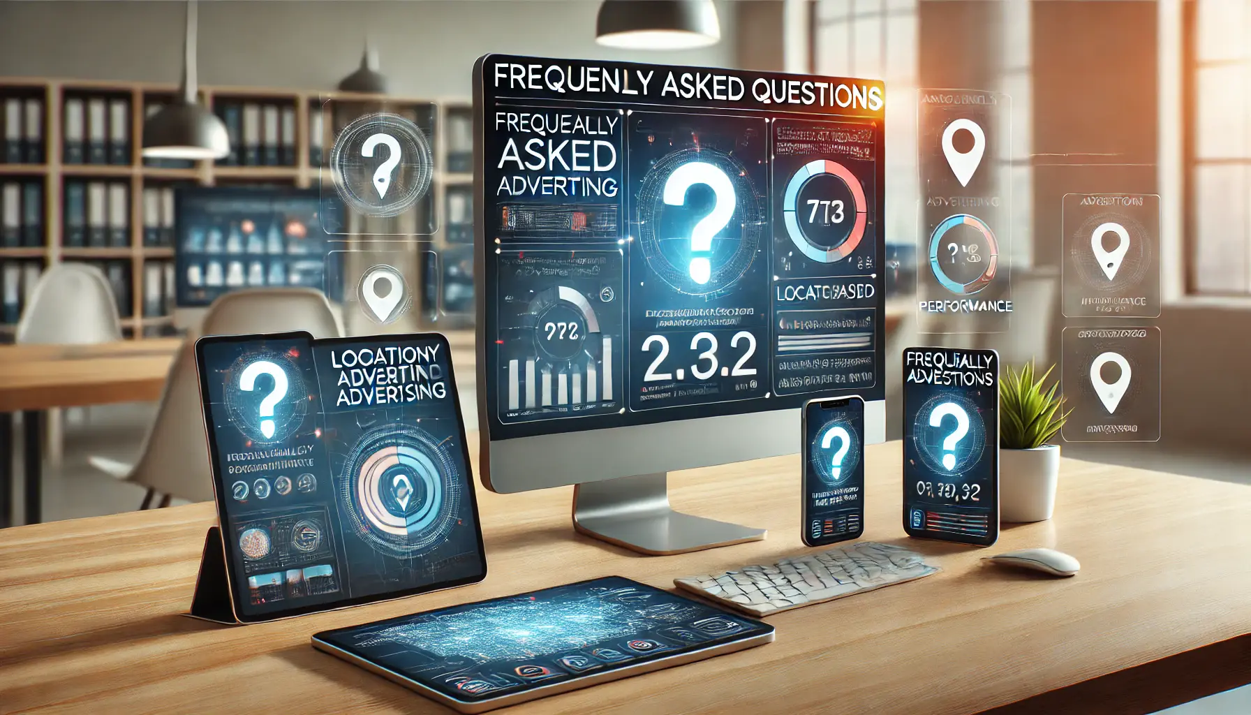 A digital workspace with a computer screen displaying analytics and devices showing question mark icons, symbolizing frequently asked questions about location-based advertising.