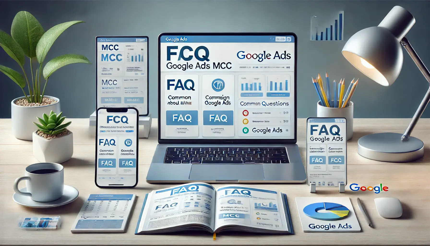 A professional digital marketing workspace with a laptop displaying Google Ads MCC interface and devices showing campaign data.