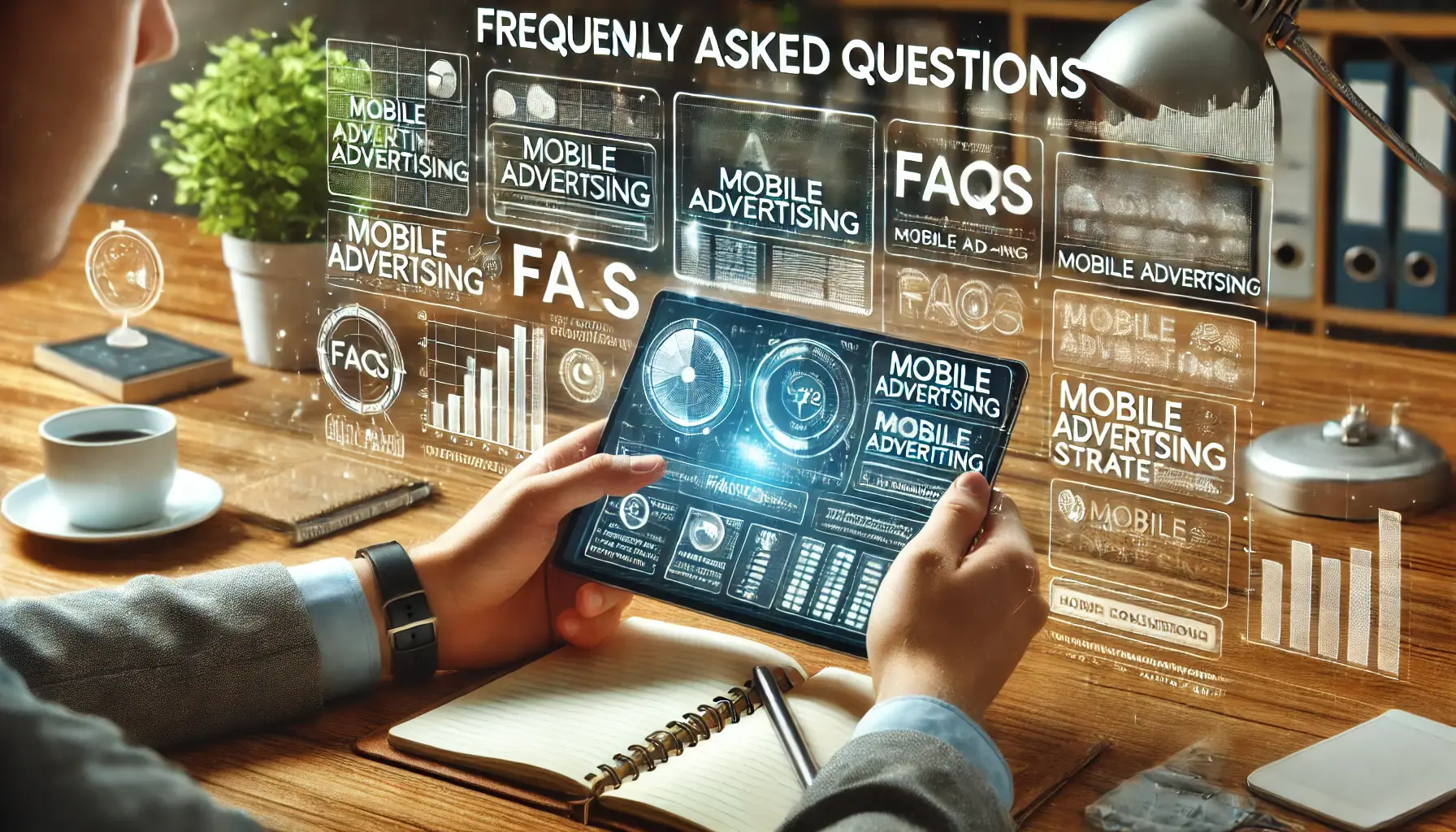 A person sitting at a desk reading through a tablet displaying analytics and mobile advertising-related FAQs in a modern office setting.