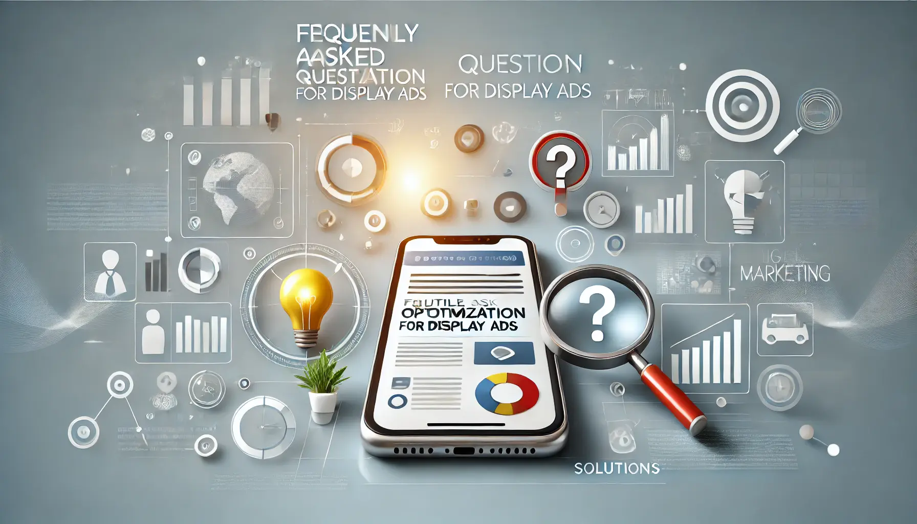 A smartphone displaying a mobile ad surrounded by icons like a question mark, magnifying glass, and lightbulb symbolizing inquiry and solutions.