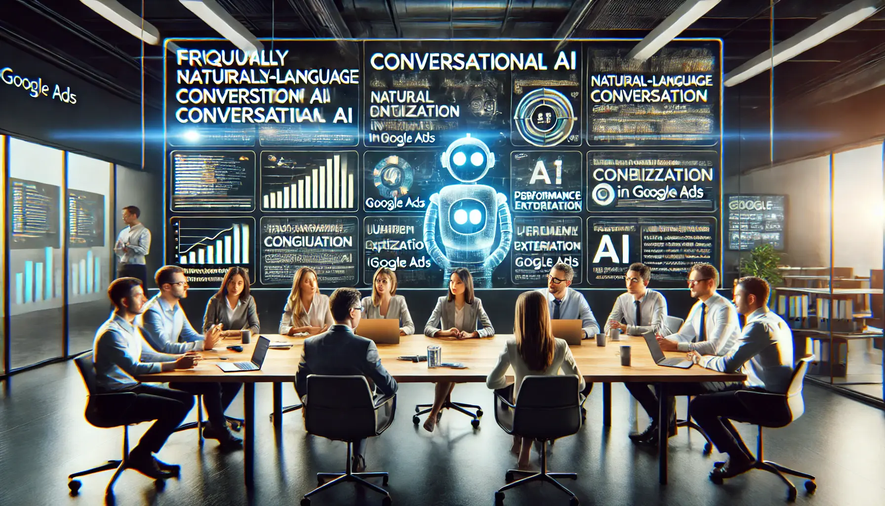 Professionals discussing frequently asked questions on conversational AI in Google Ads, with large screens displaying data insights and AI-driven metrics.