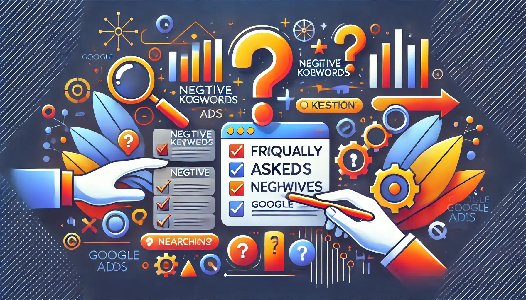 Abstract representation of frequently asked questions about negative keywords, featuring question marks, keyword lists, and search icons.