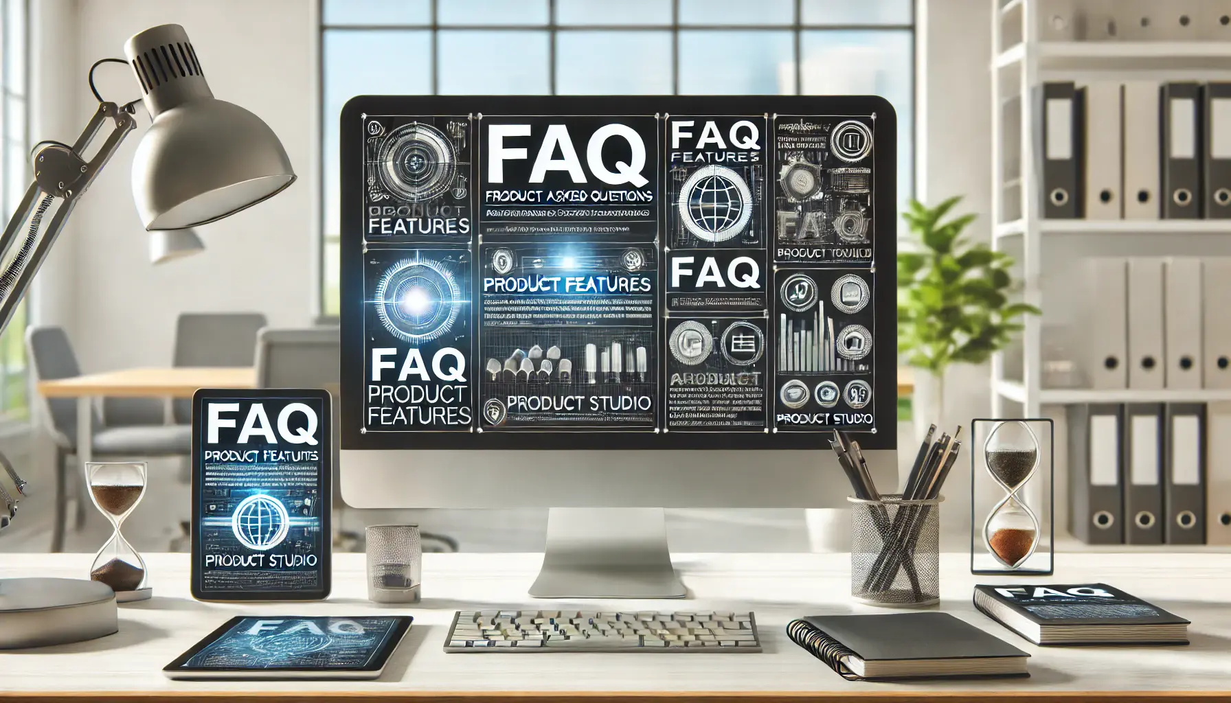 A computer screen displaying an FAQ section with images of product features and digital tools, surrounded by business tools.