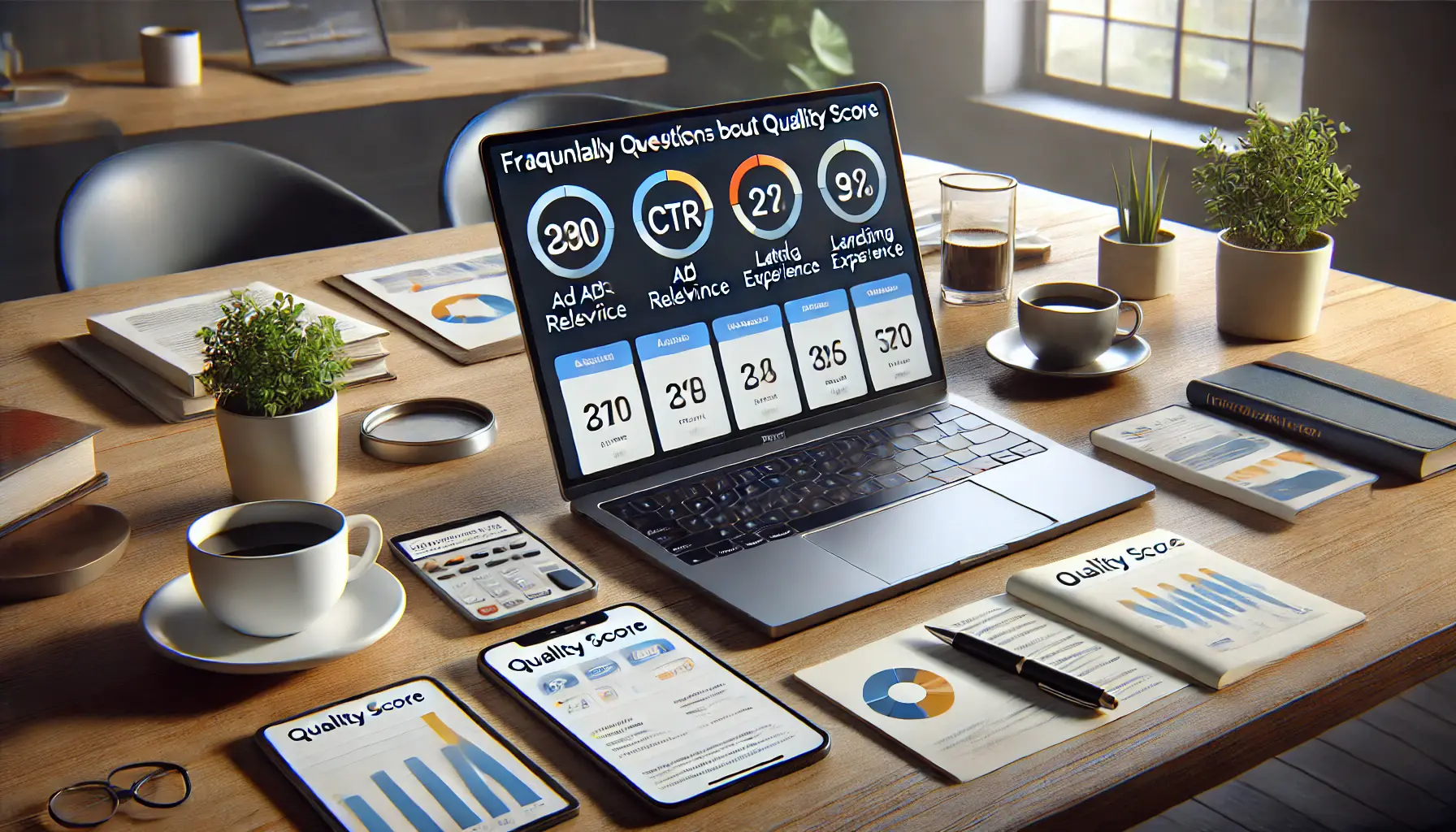 A digital marketing workspace with a laptop displaying performance data and analytics related to Quality Score optimization.