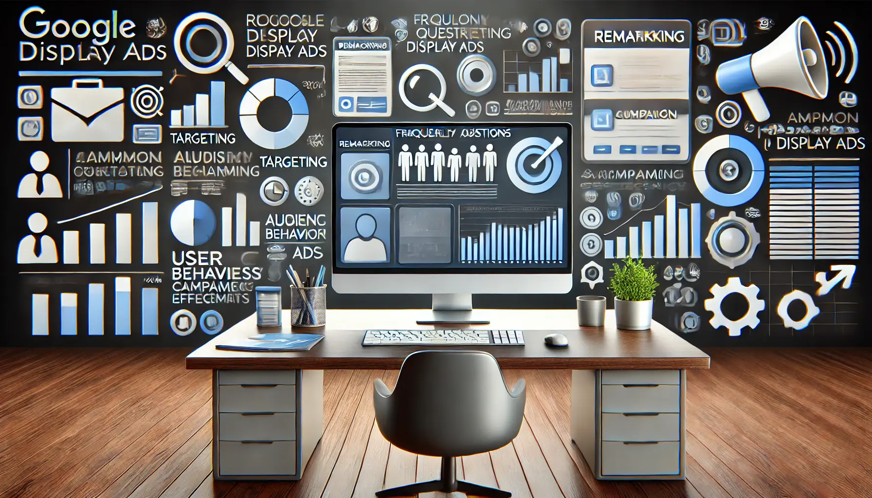 A digital marketing workspace with a computer displaying an analytics dashboard for remarketing, with icons representing common questions on targeting, campaign effectiveness, and performance tracking.