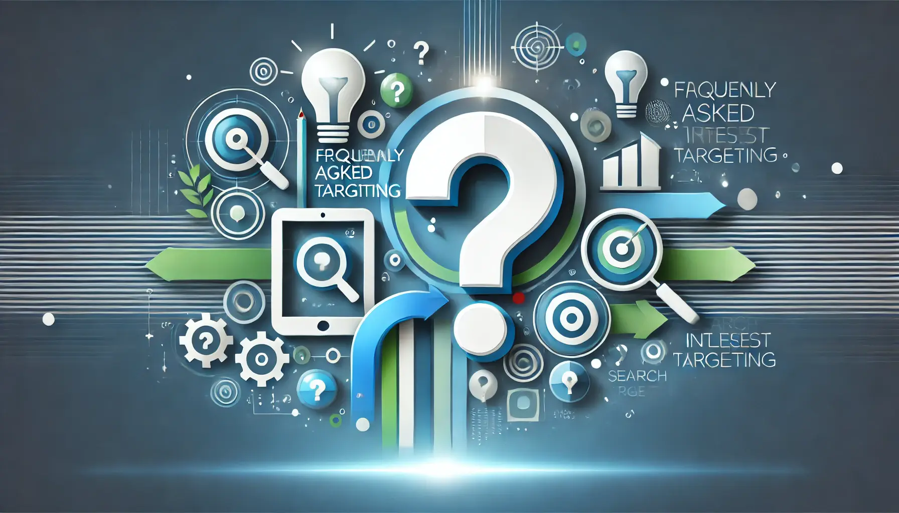 Abstract image symbolizing frequently asked questions with question mark icons, a lightbulb, search bar, and digital devices.