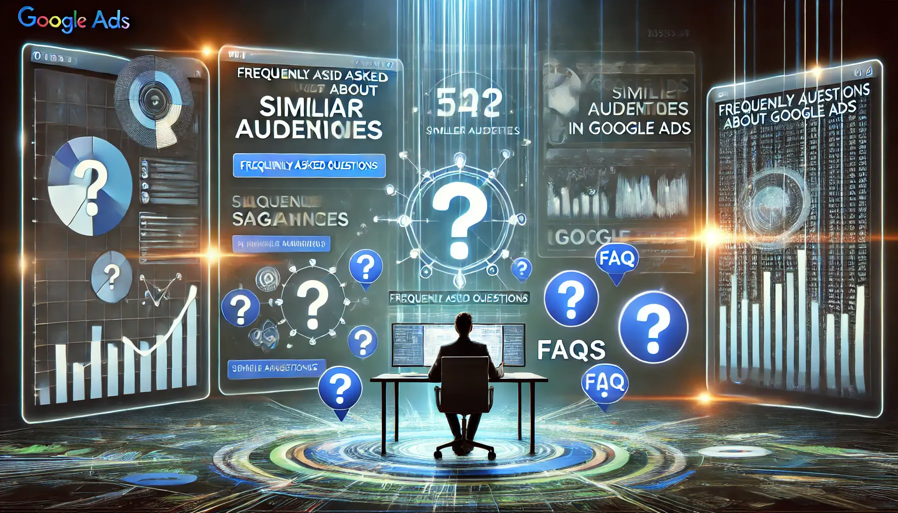 An image representing frequently asked questions about Similar Audiences in Google Ads, with a digital marketer interacting with a dashboard displaying metrics and question marks.