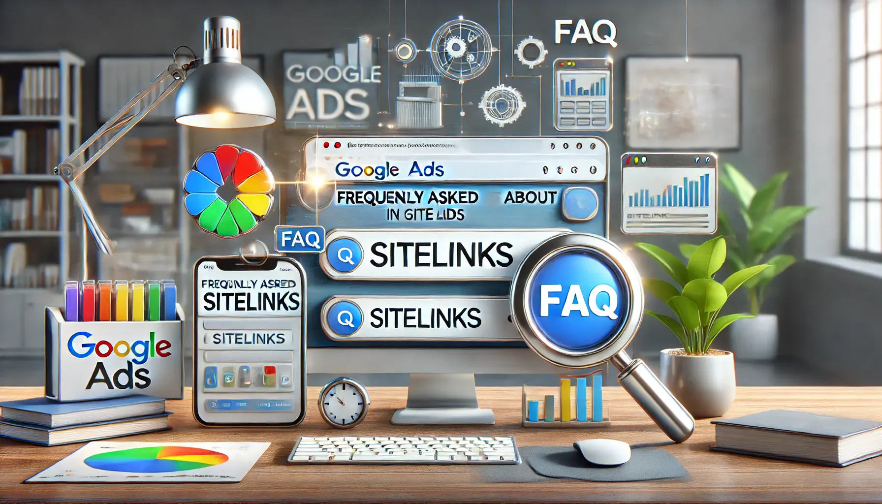 A Google Ads dashboard displaying tools for analyzing sitelink performance and addressing frequently asked questions.