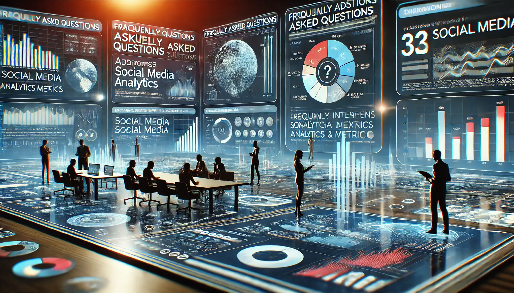 A modern digital workspace showcasing the process of addressing frequently asked questions about social media analytics, with interactive dashboards displaying charts and insights.