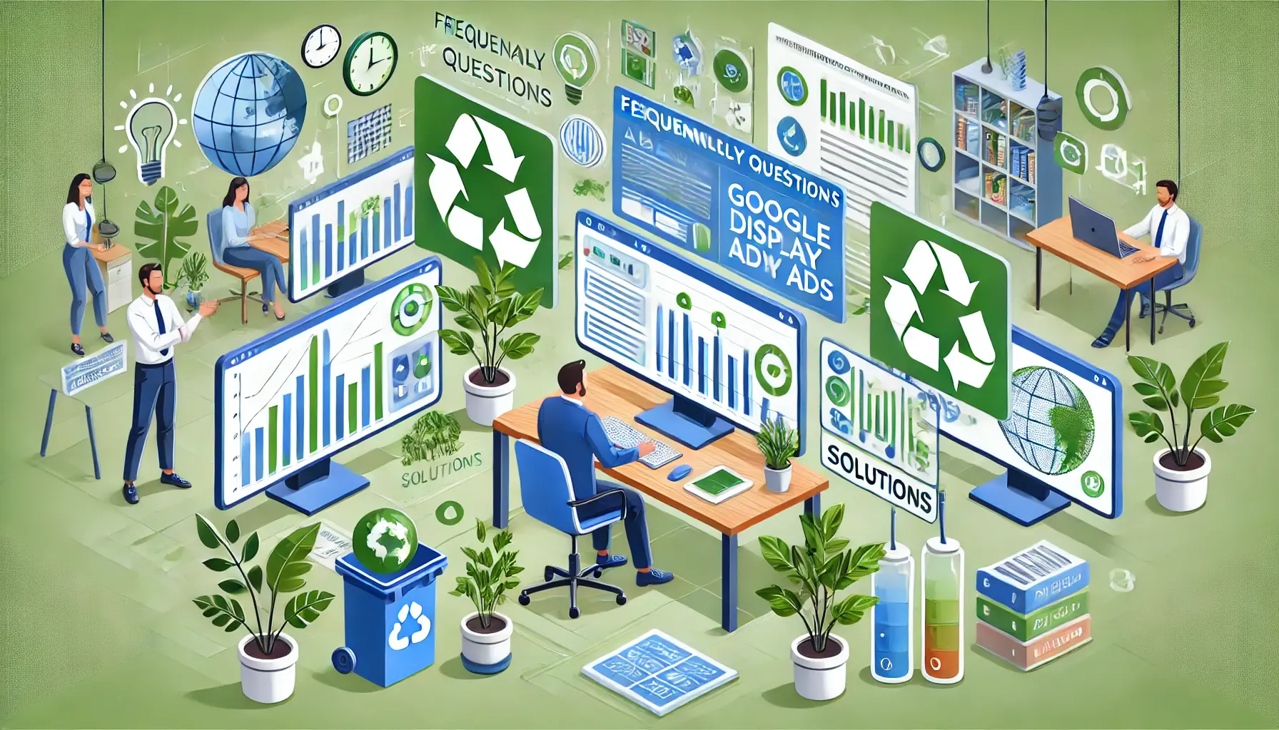 Illustration of a digital marketer engaging with data on multiple screens, with eco-friendly elements like plants and renewable energy sources.