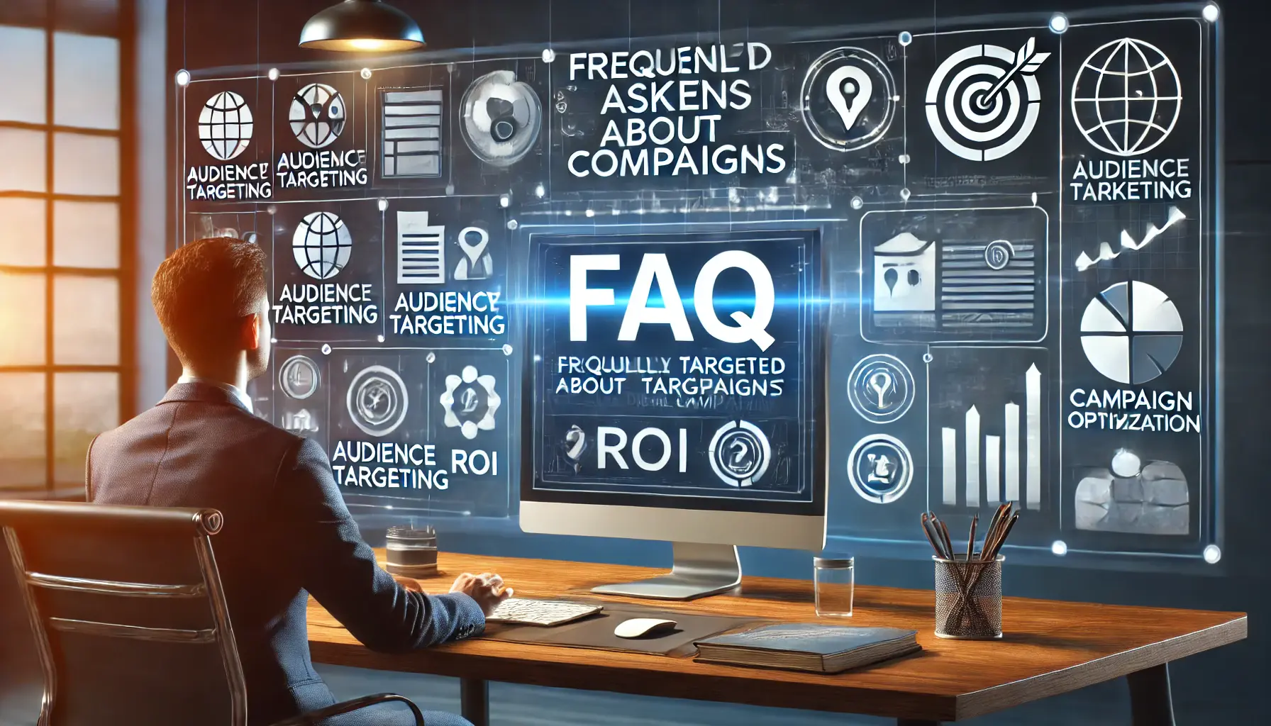 An illustration of a marketer reviewing a digital FAQ section, with icons representing common questions about targeted campaigns like audience targeting and ROI.