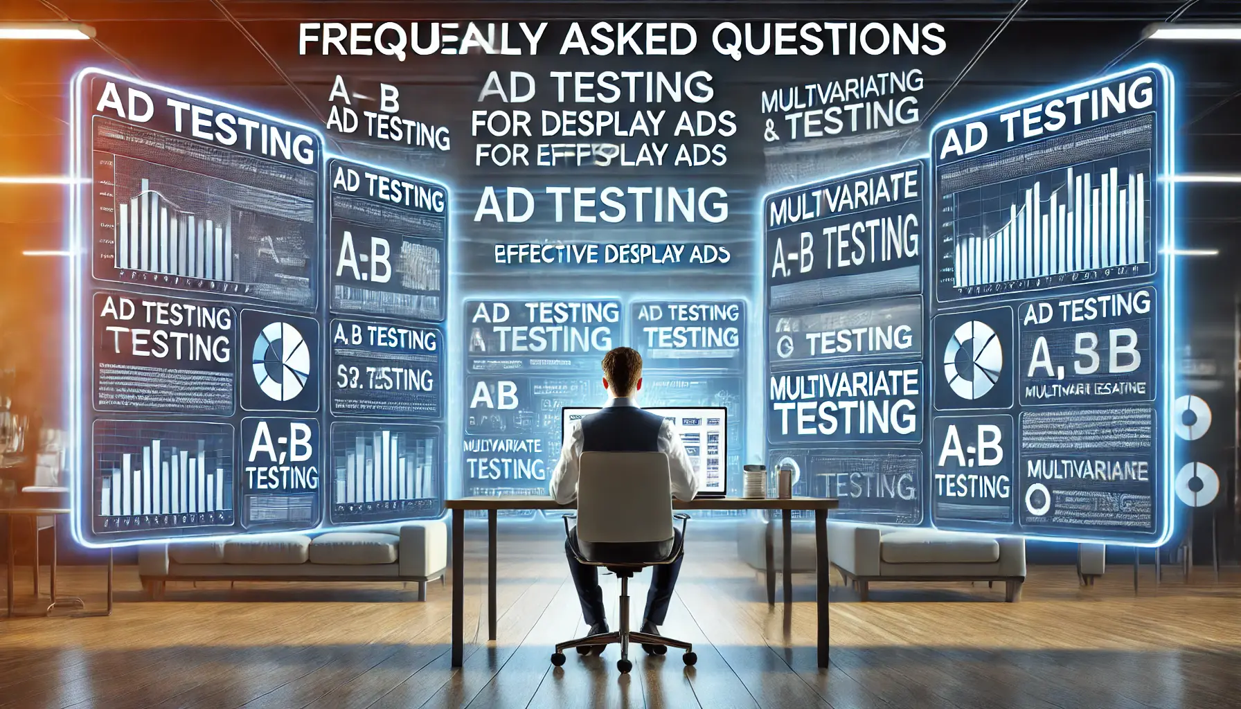 A digital marketer analyzing ad testing data and metrics in a modern office, reflecting on frequently asked questions about display ads.