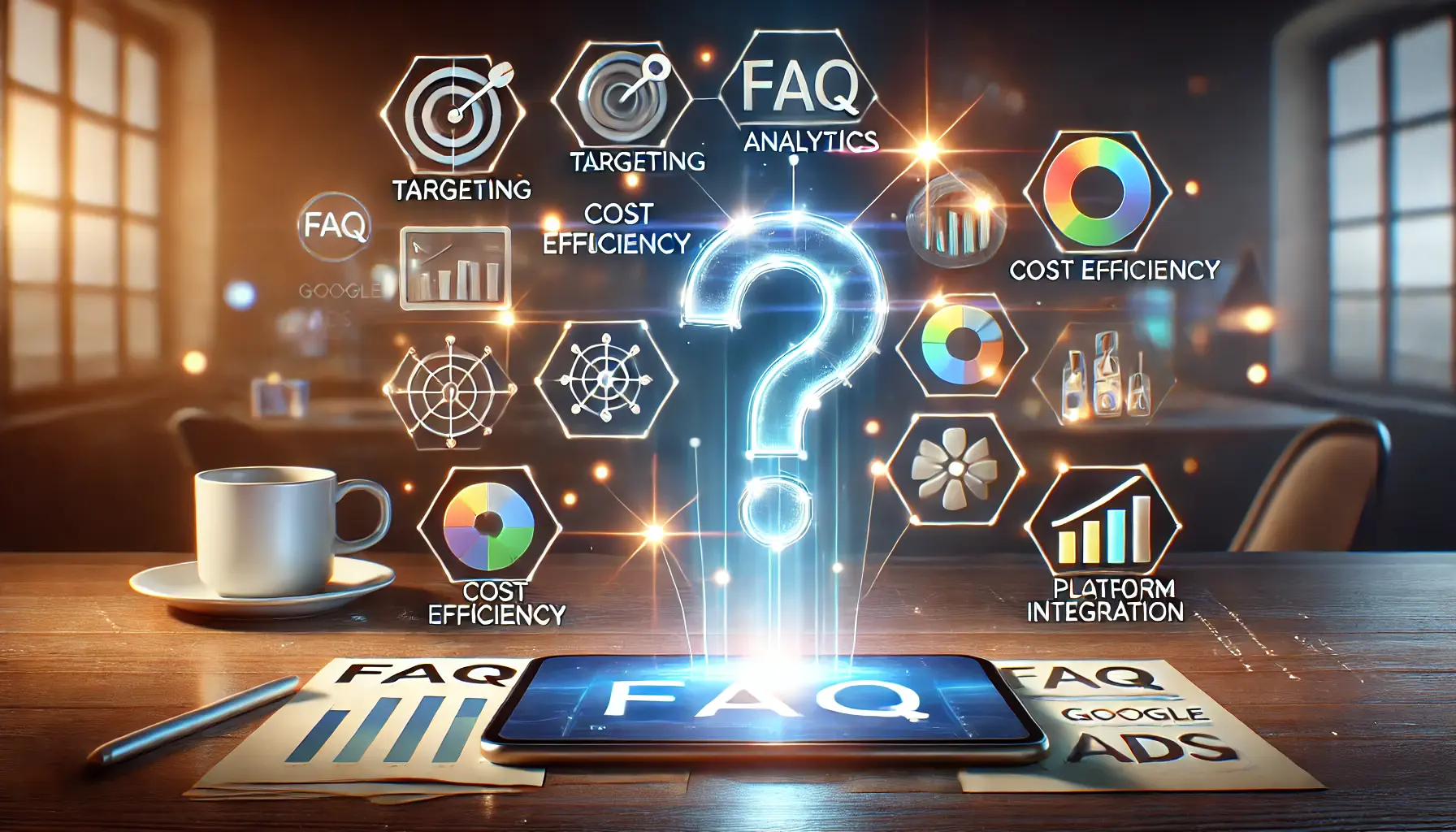 A glowing question mark surrounded by digital icons for targeting, analytics, and cost efficiency, with a tablet displaying an FAQ interface and glowing connections.