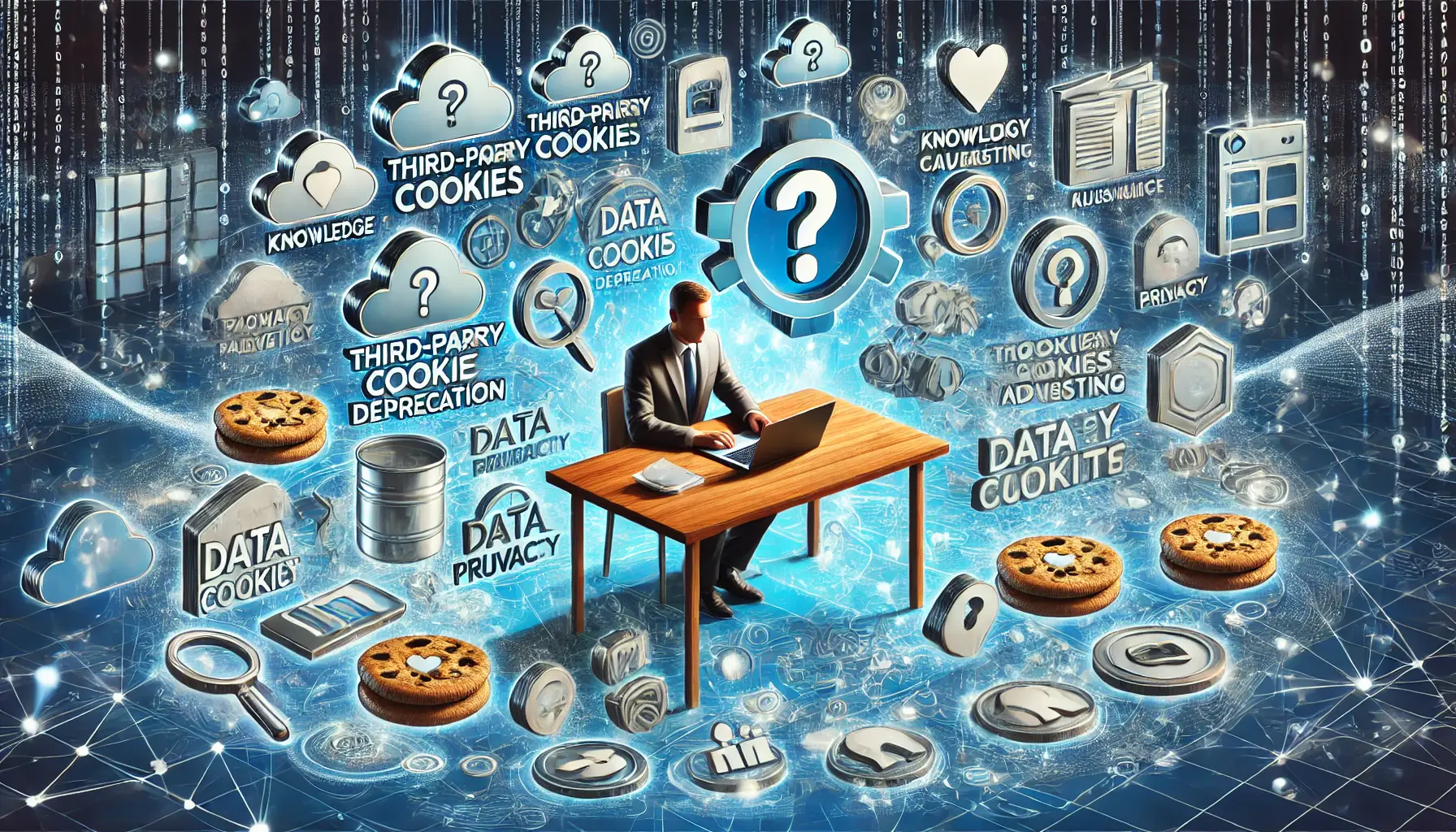 Digital artwork showing a digital marketer sitting at a desk surrounded by floating icons representing questions about data privacy and cookies.