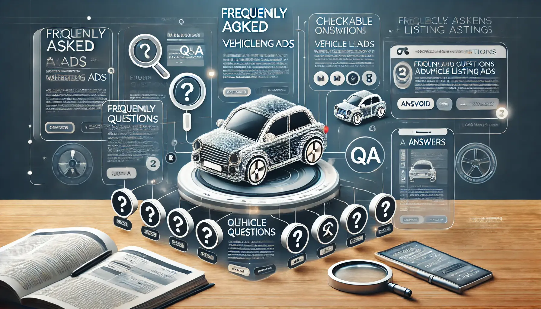 A digital interface displaying a Q&A format with car listings and ad details, symbolizing frequently asked questions.