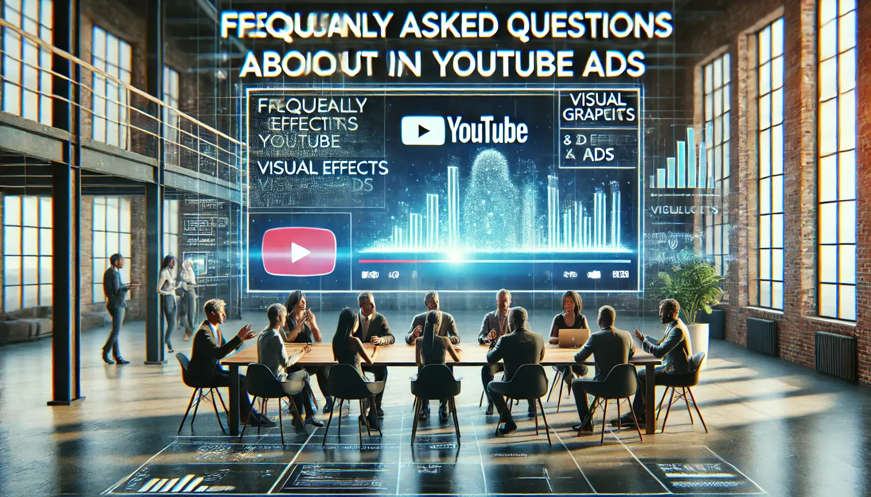 A collaborative digital workspace where people are discussing visual effects in YouTube ads, with motion graphics and 3D elements displayed on a screen.