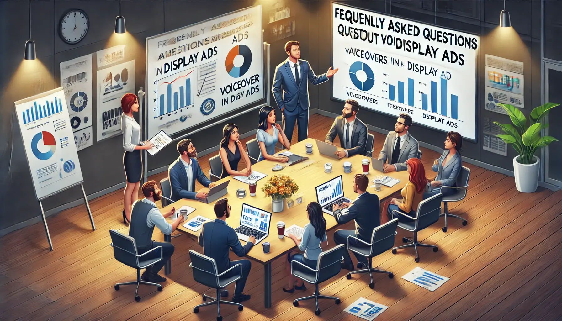 A group of digital marketers gathered around a conference table, discussing voiceovers in display ads, with one presenting performance metrics on a chart.