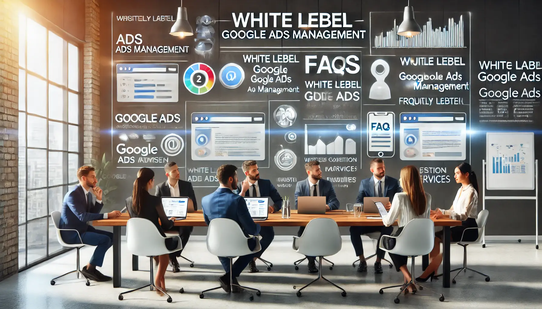 A team discussing frequently asked questions about White Label Google Ads Management in a modern office.