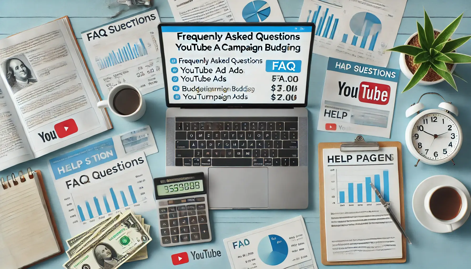 A workspace with a laptop displaying an FAQ section related to YouTube ad campaign budgeting, financial documents, charts, a calculator, and a cup of coffee.