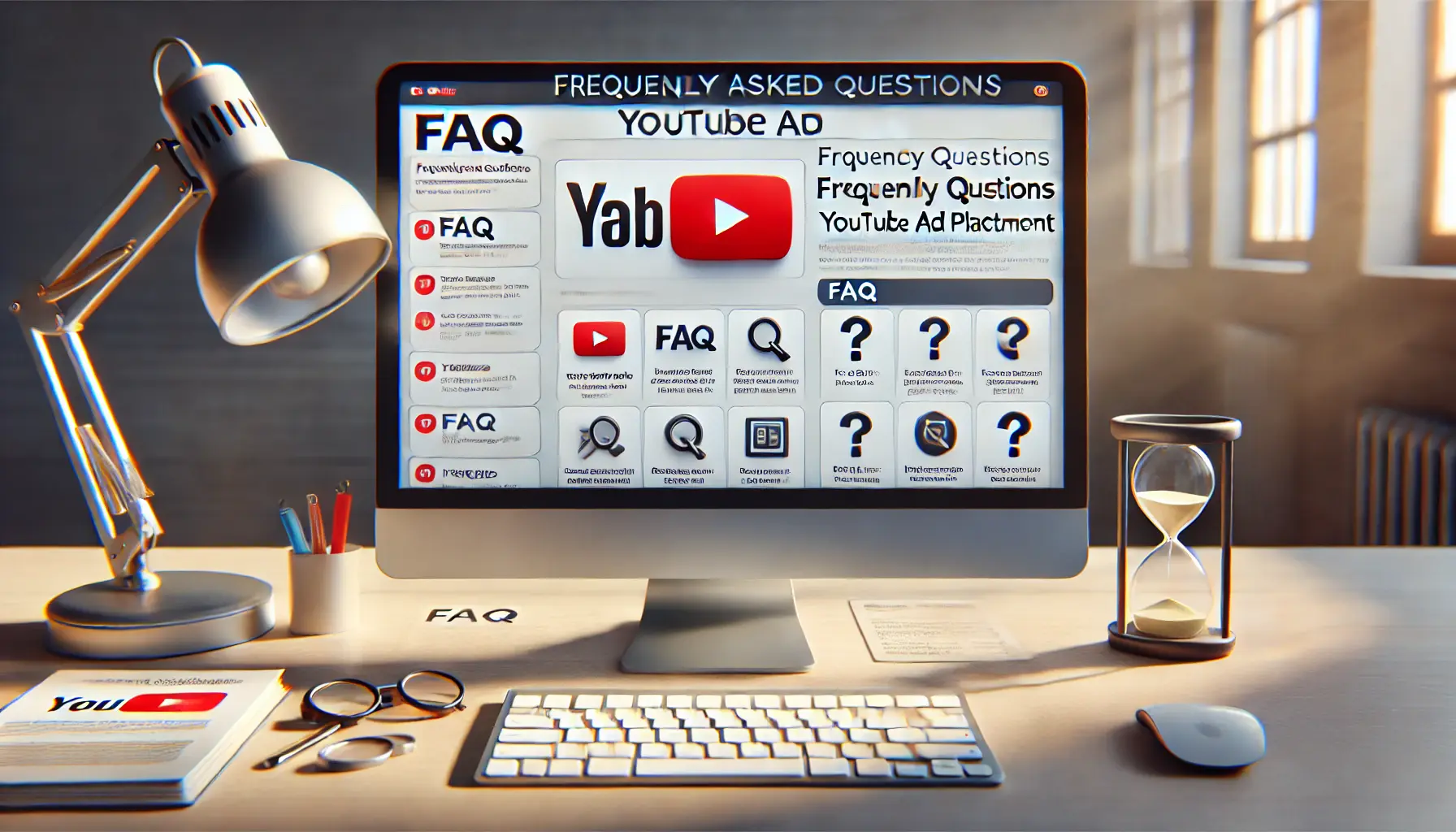 A computer screen displaying an open FAQ page with icons representing common questions like a question mark, magnifying glass, and information bubble.