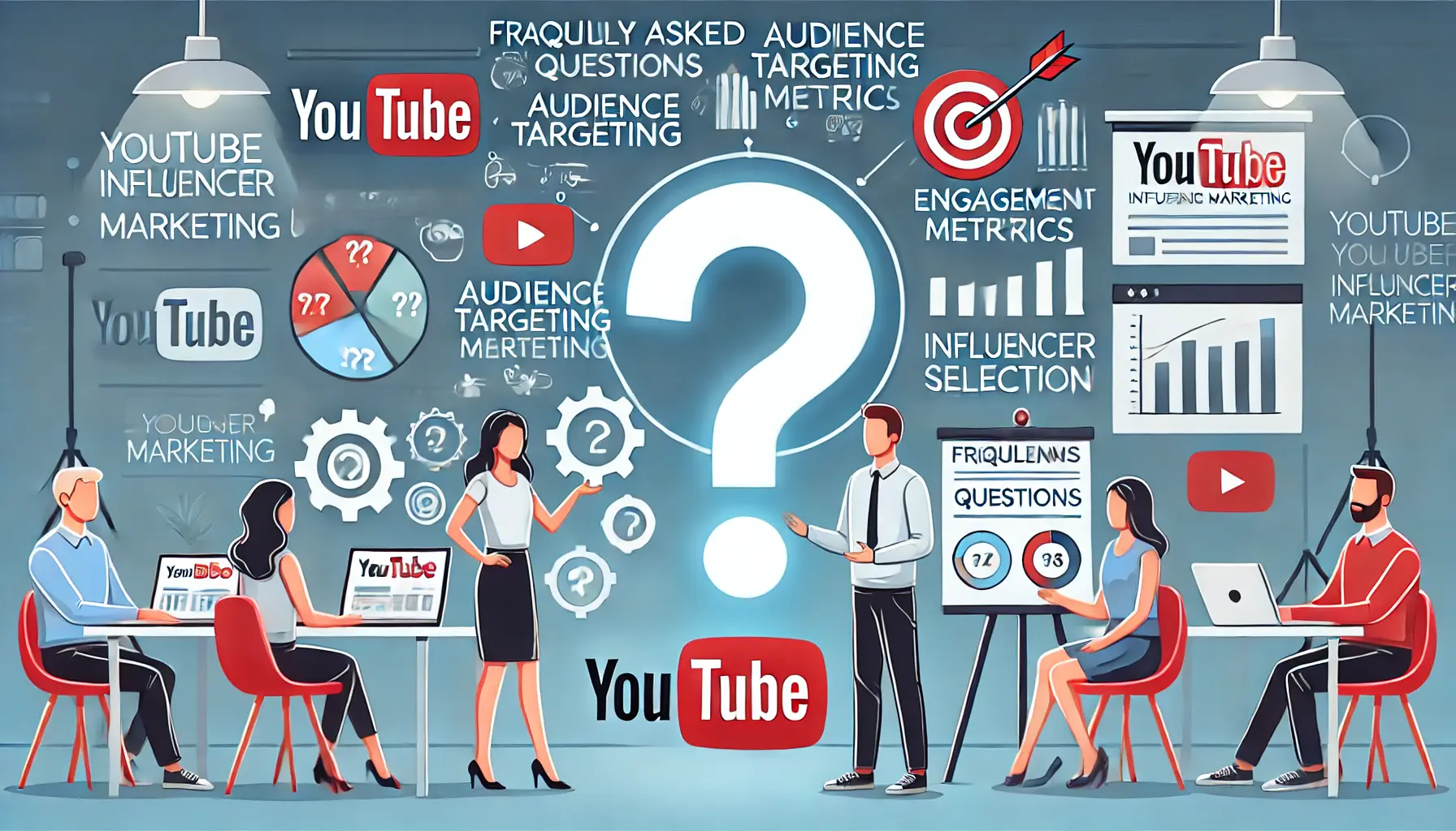 An illustration showing a content creator and marketer answering frequently asked questions about YouTube influencer marketing, with a large question mark symbol and icons representing topics like audience targeting and engagement metrics.