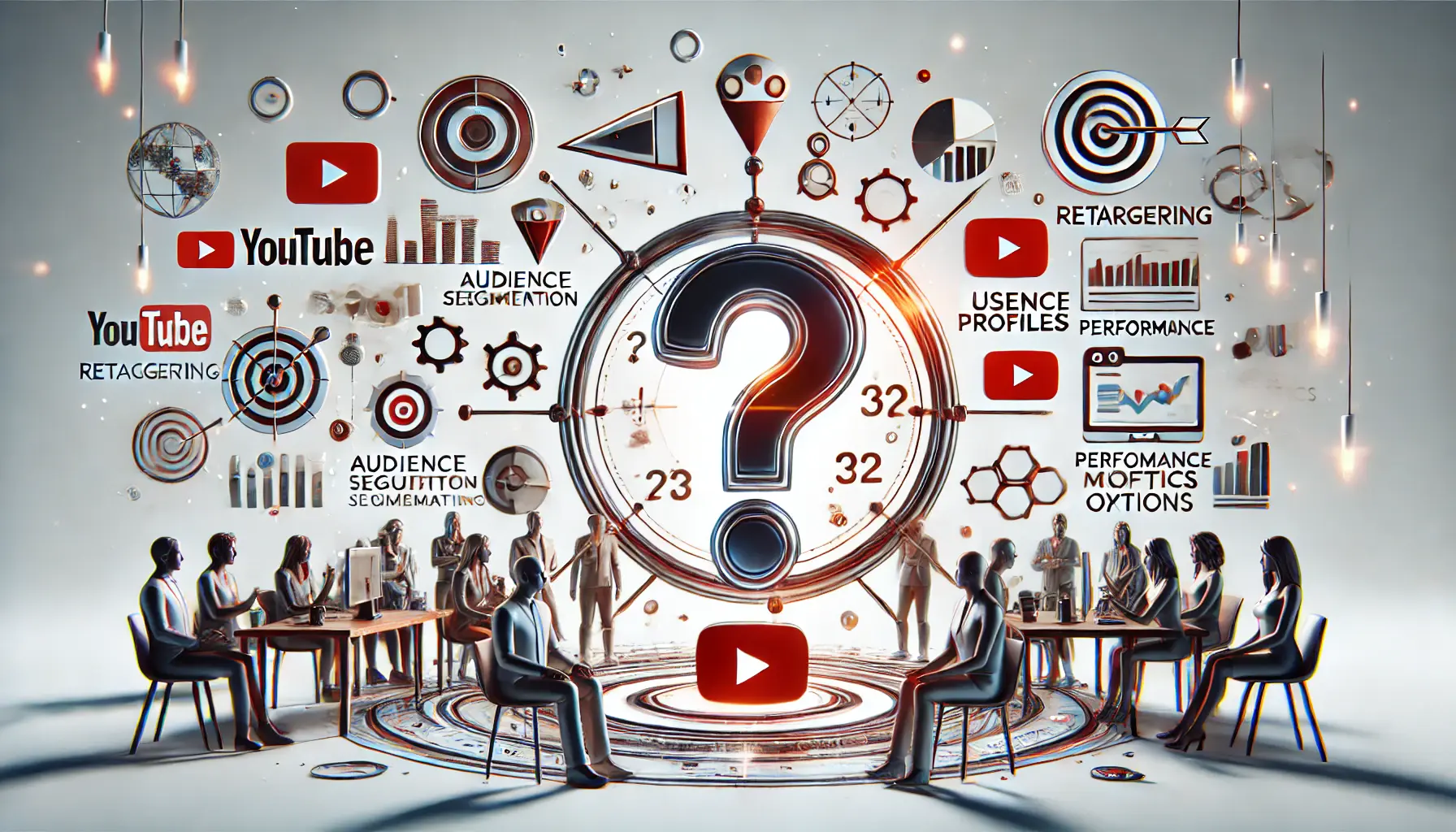 An image representing frequently asked questions about YouTube retargeting, with a central question mark icon surrounded by retargeting tools and metrics.