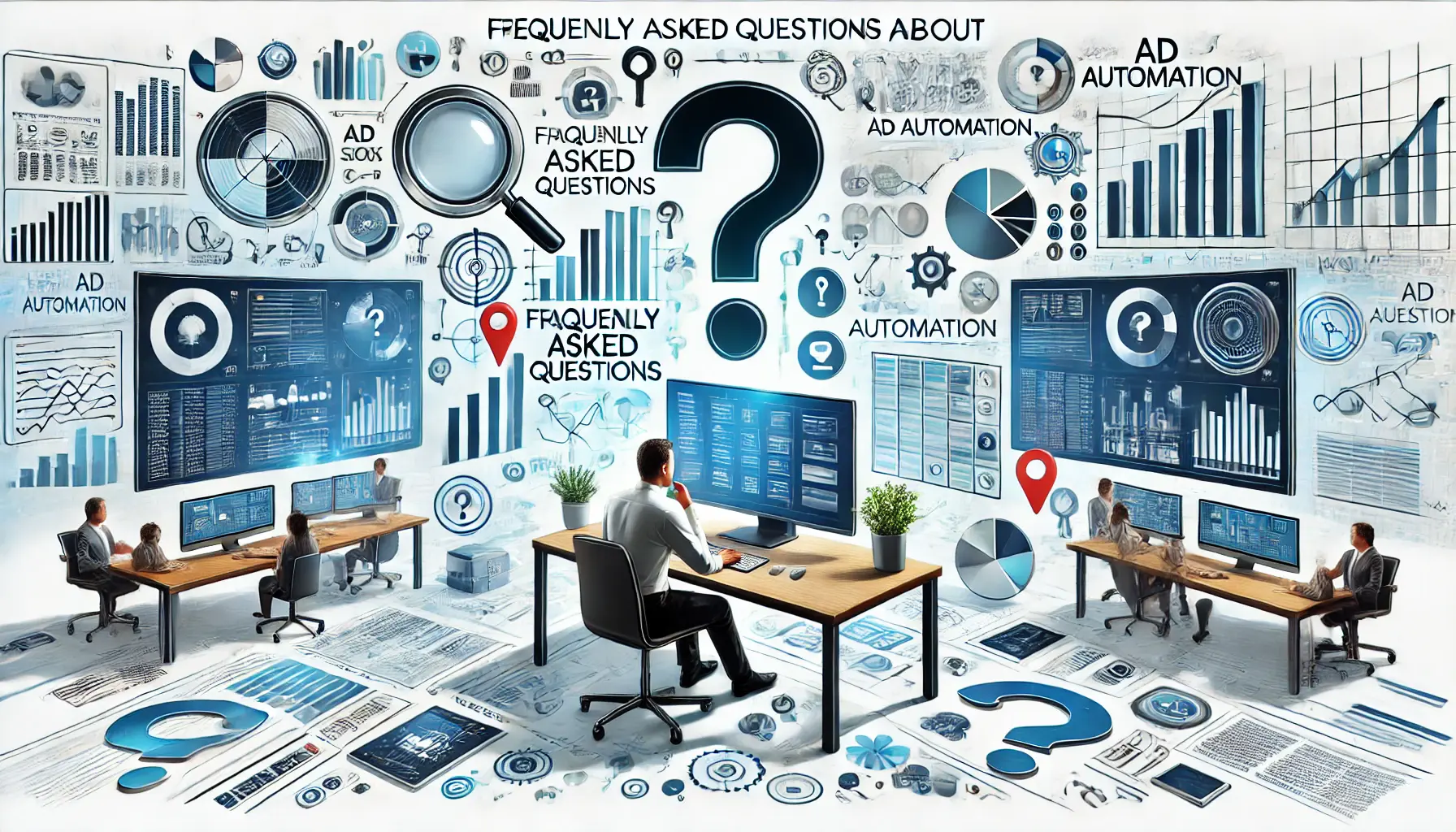 Professional analyzing data and automated ad tools in an office, with abstract question mark icons symbolizing FAQs.