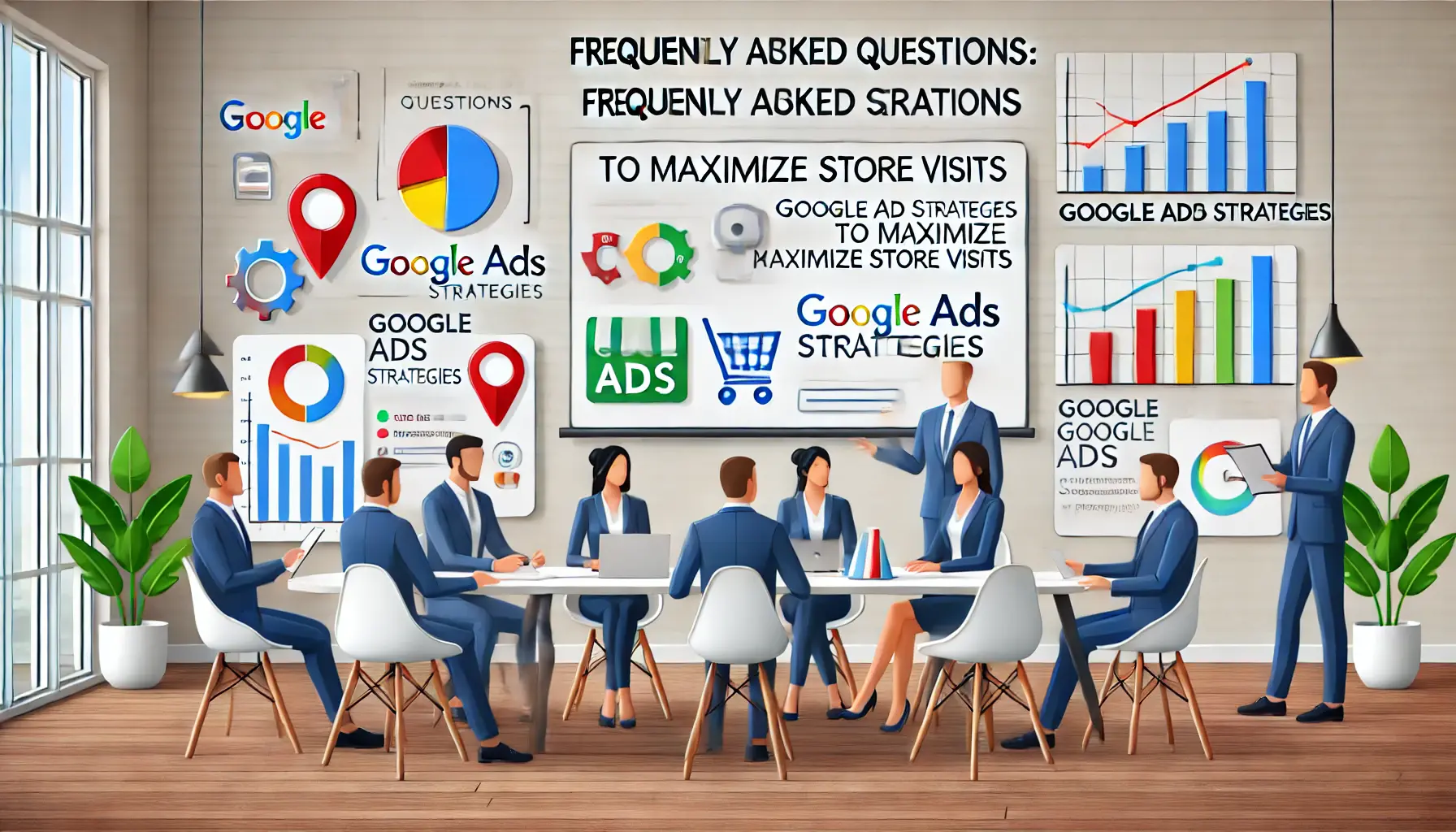 Digital marketing team in a meeting room discussing Google Ads strategies with visual elements like charts, performance graphs, and question icons.