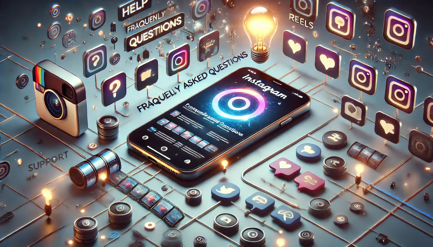 An image showing a smartphone displaying an Instagram Reel, surrounded by abstract elements like question marks, chat bubbles, and lightbulbs symbolizing curiosity and answers.