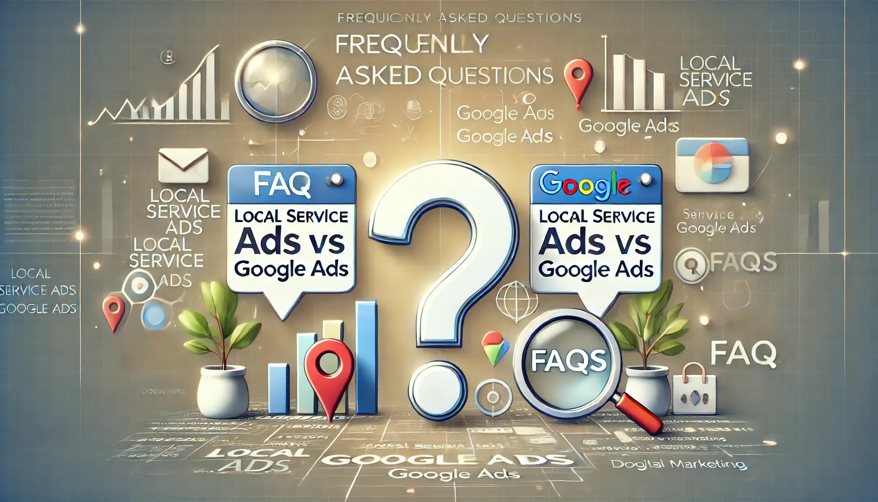 An illustration showing icons of question marks, a magnifying glass, and dialogue bubbles representing frequently asked questions.