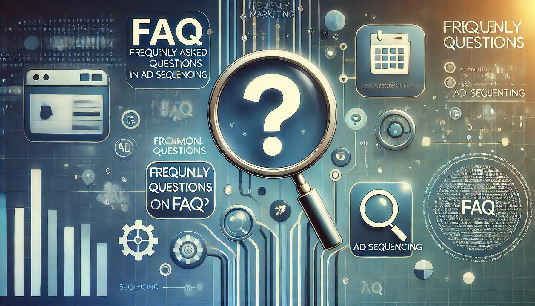 Image symbolizing frequently asked questions on ad sequencing with icons like question marks and magnifying glasses.