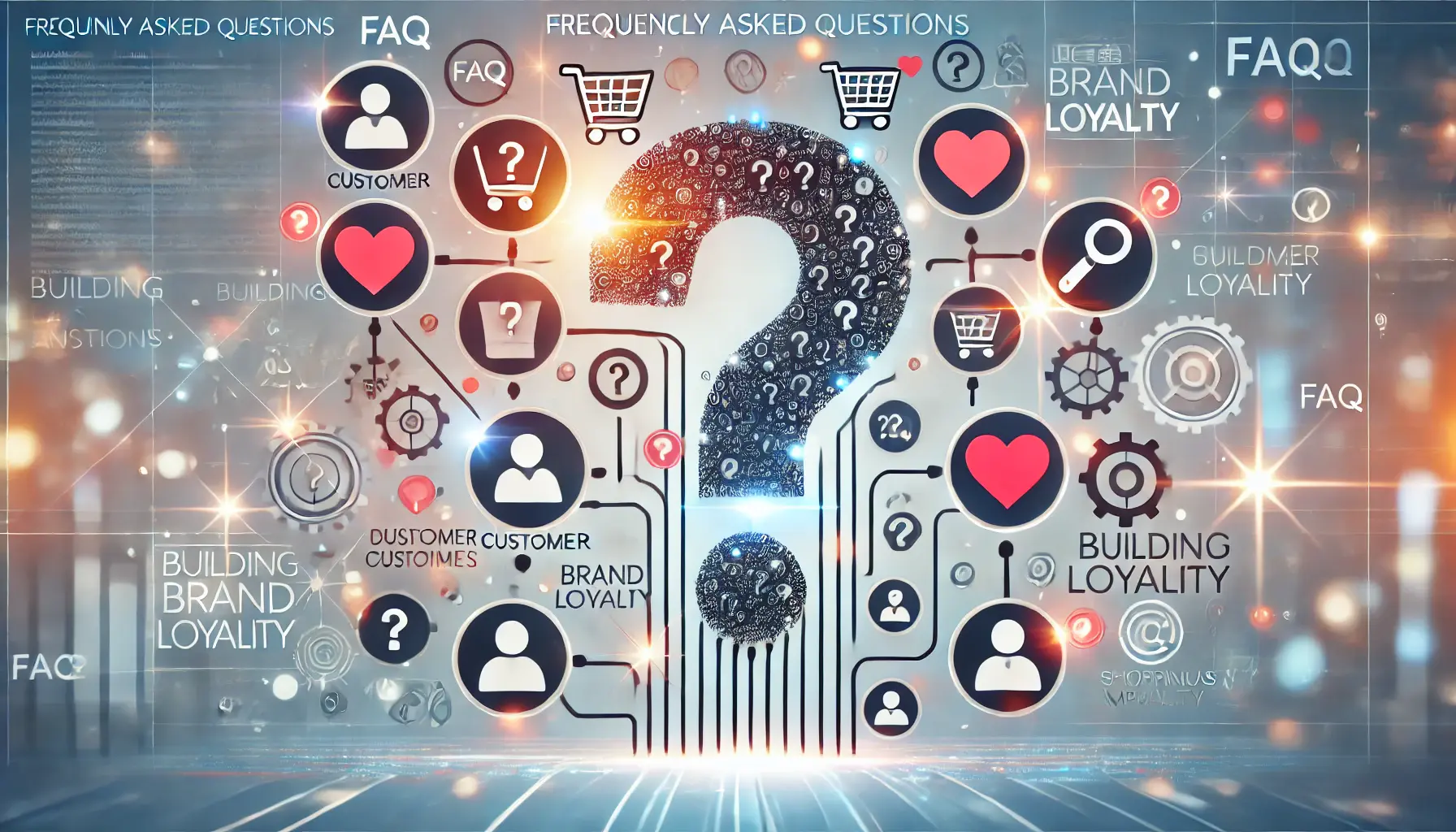 Illustration of interconnected question marks with customer profiles, shopping carts, and glowing hearts symbolizing brand loyalty.