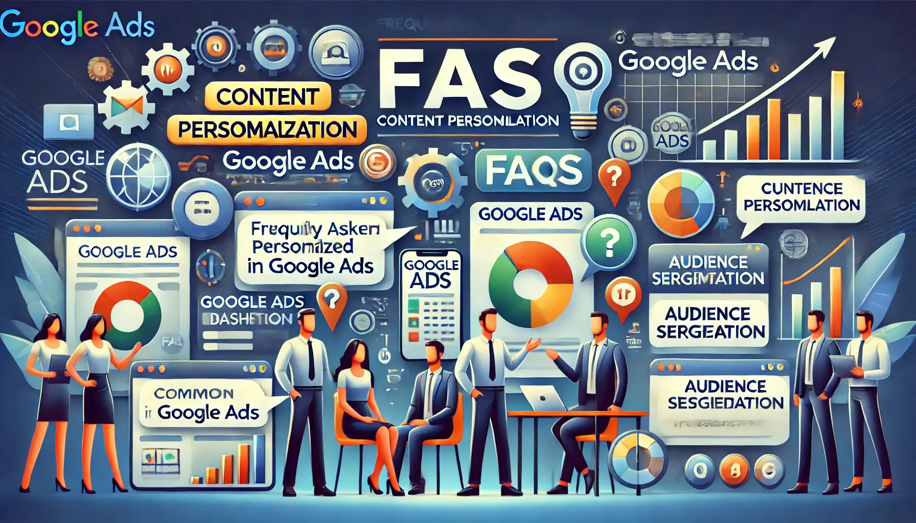 An image illustrating frequently asked questions on content personalization in Google Ads, featuring a team discussing insights and Google Ads dashboards.