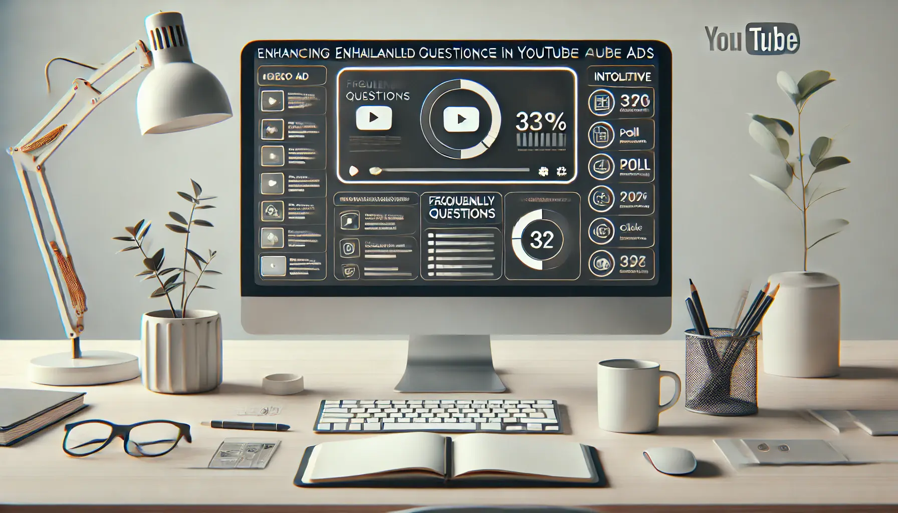 An illustration of a modern workspace with a computer displaying a YouTube ad interface with interactive elements, such as polls and clickable links.