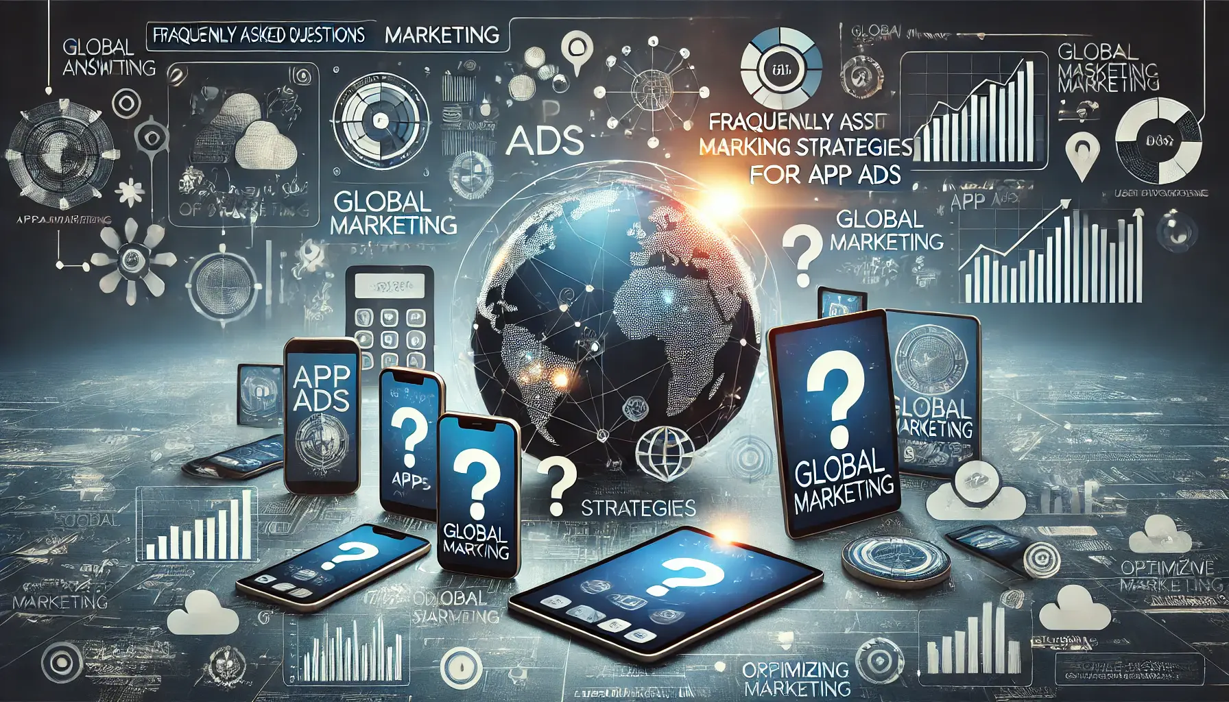 A digital concept showing smartphones and tablets with visual representations of global marketing, such as world maps, app icons, and user engagement graphs, surrounded by interactive symbols like question marks.